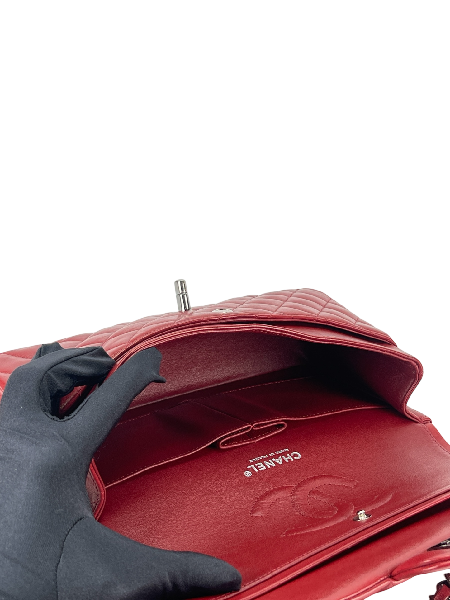 CHANEL - Medium Classic Double Flap Bag Red Lambskin Sliver Hardware (CF25)