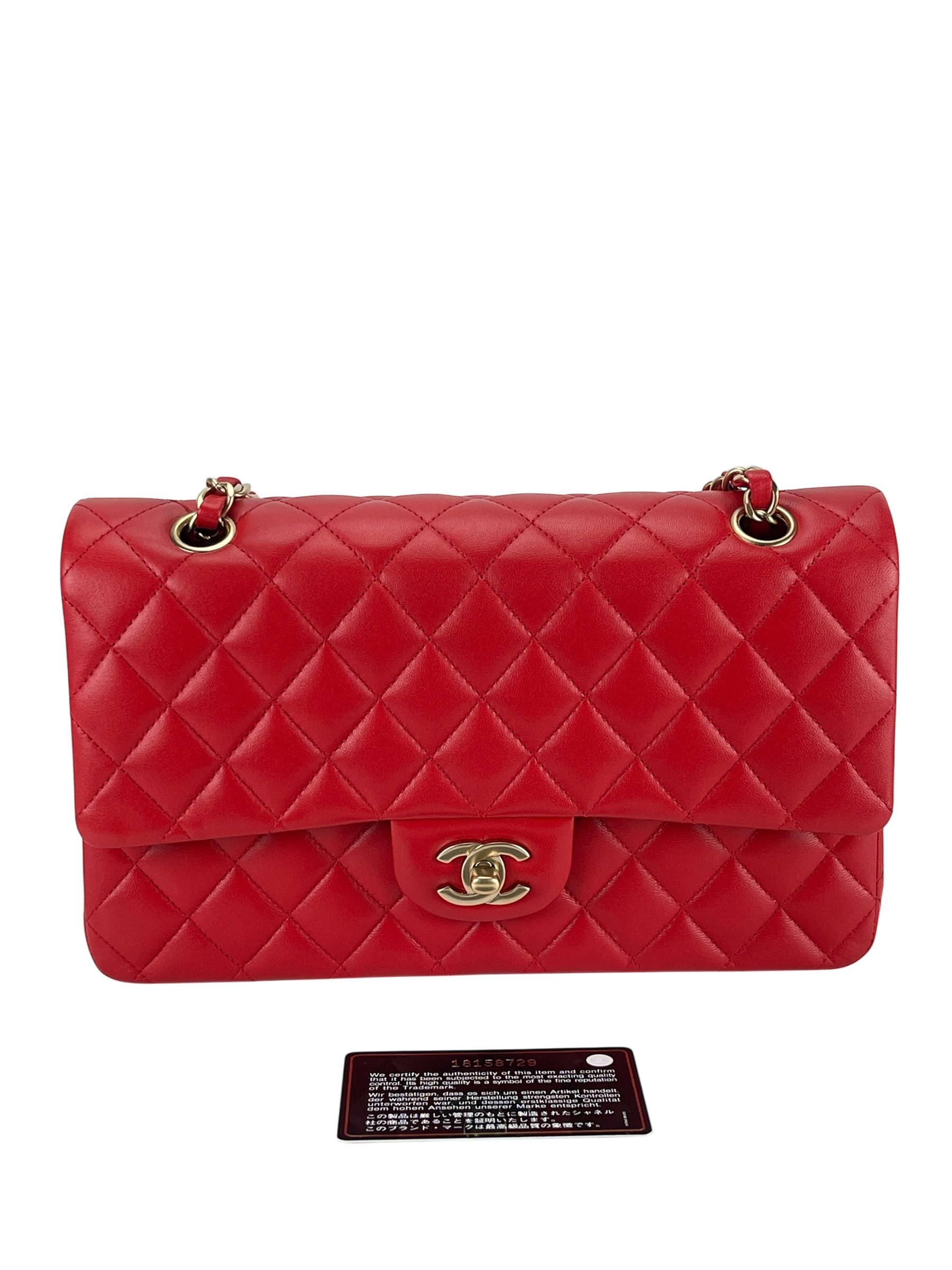 CHANEL - Medium Classic Double Flap Bag Red Lambskin Gold Hardware (CF25)