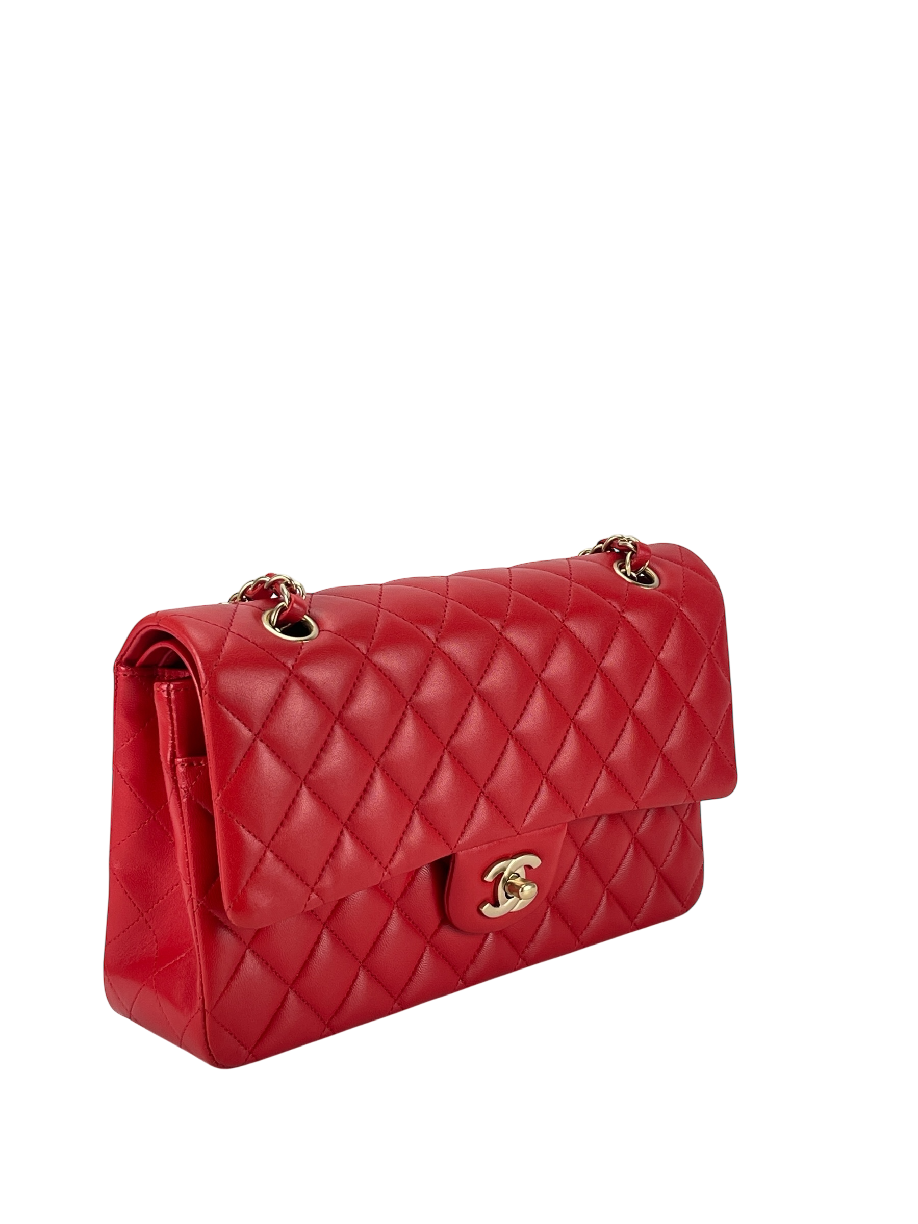 CHANEL - Medium Classic Double Flap Bag Red Lambskin Gold Hardware (CF25)