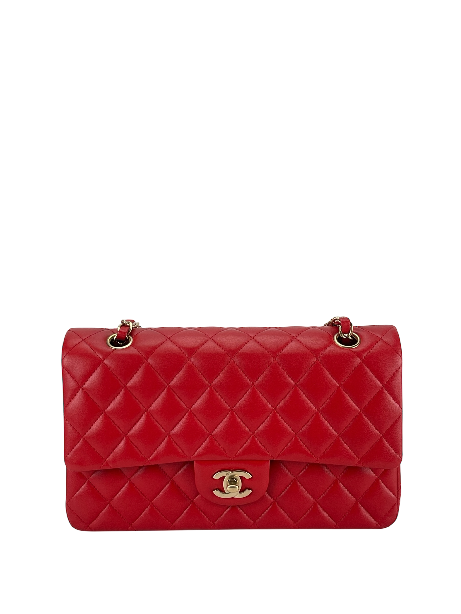 CHANEL - Medium Classic Double Flap Bag Red Lambskin Gold Hardware (CF25)