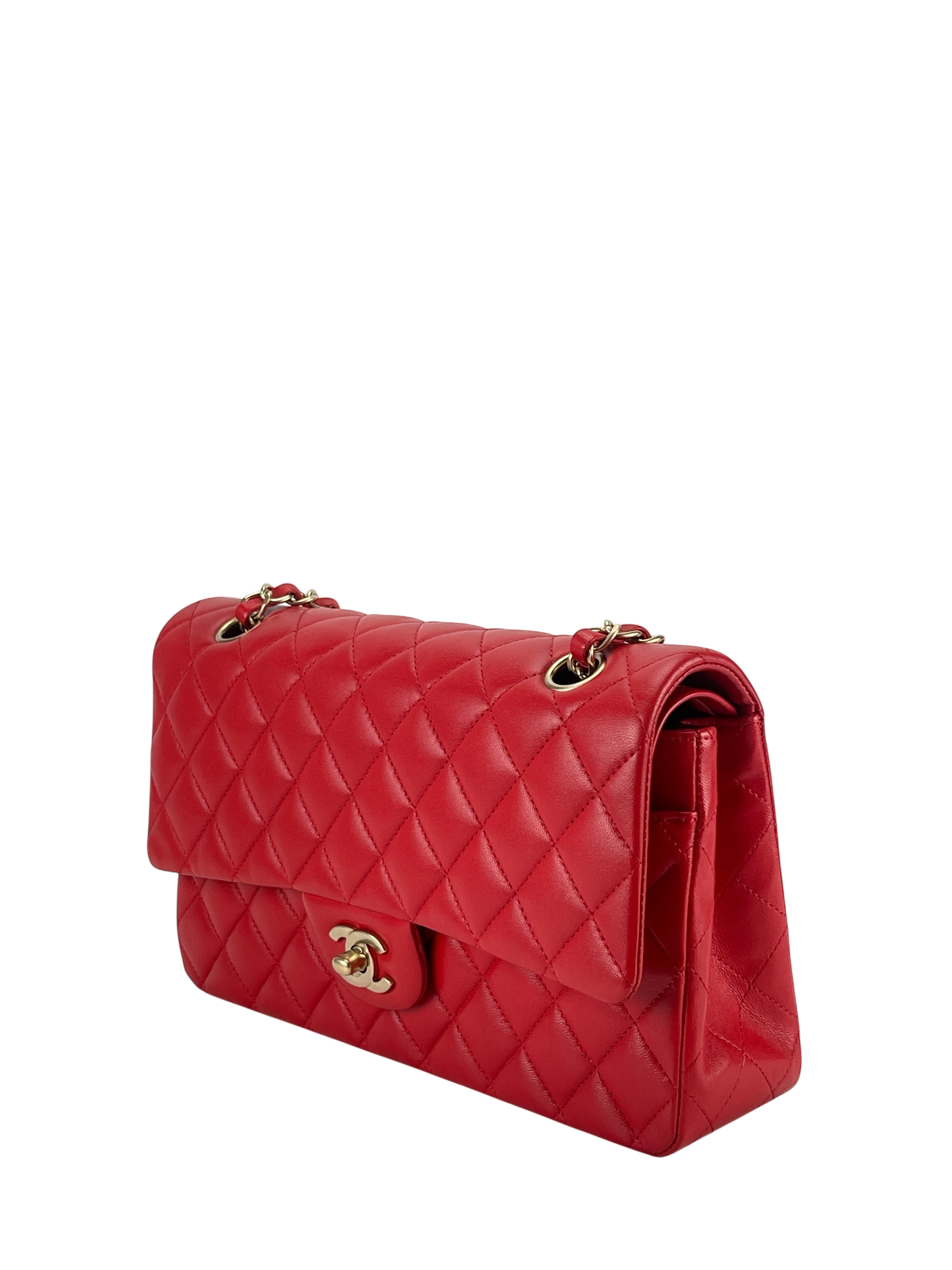 CHANEL - Medium Classic Double Flap Bag Red Lambskin Gold Hardware (CF25)