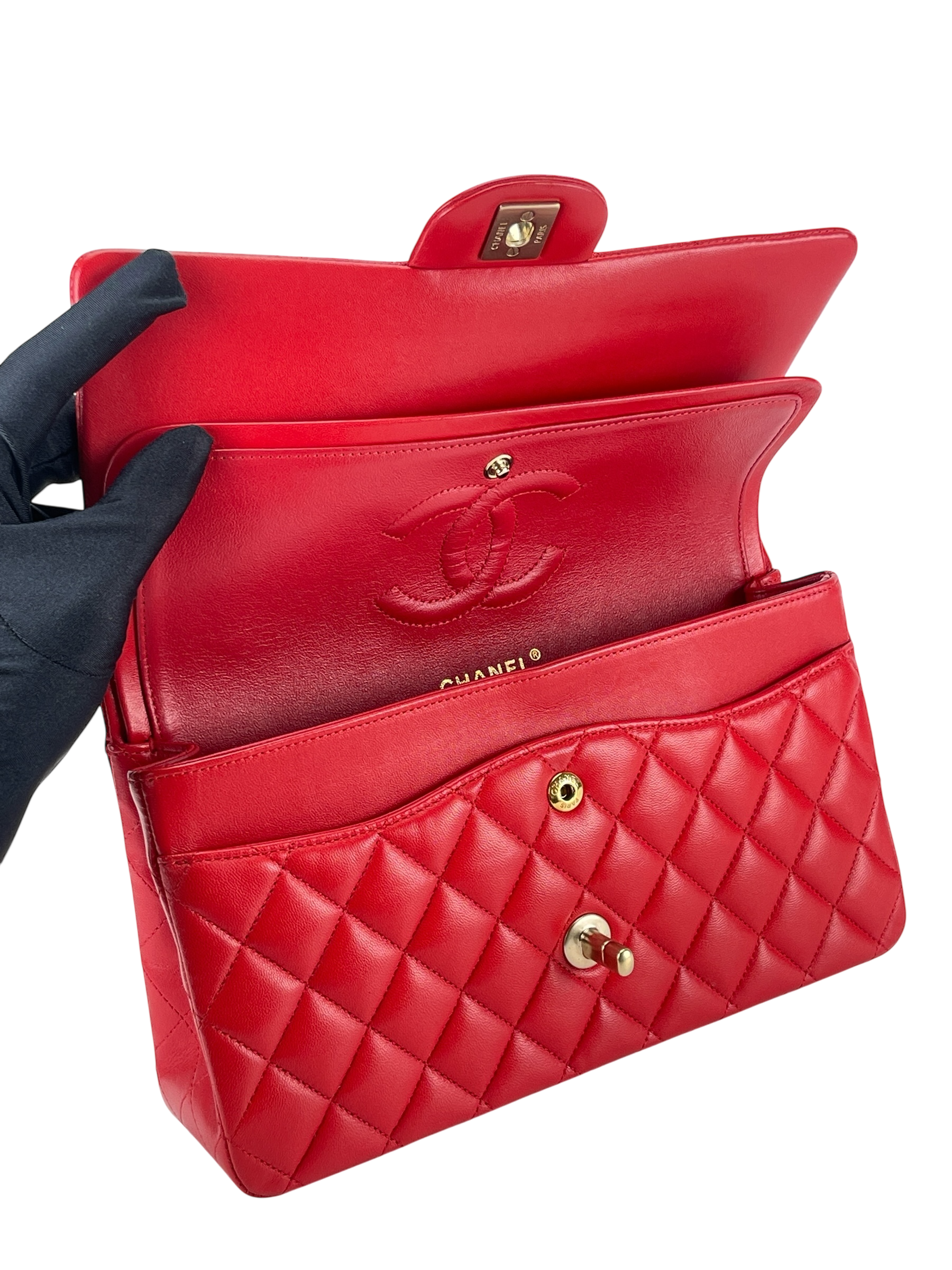CHANEL - Medium Classic Double Flap Bag Red Lambskin Gold Hardware (CF25)