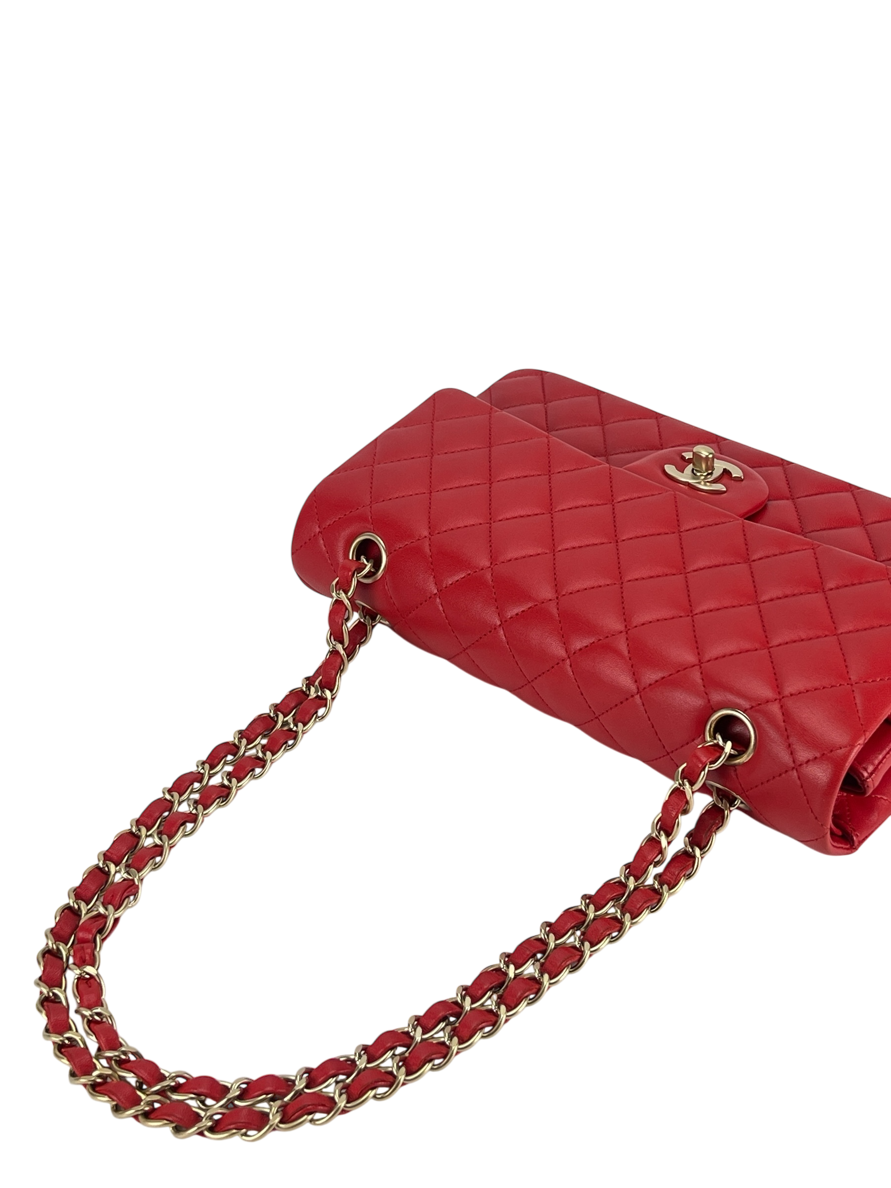 CHANEL - Medium Classic Double Flap Bag Red Lambskin Gold Hardware (CF25)