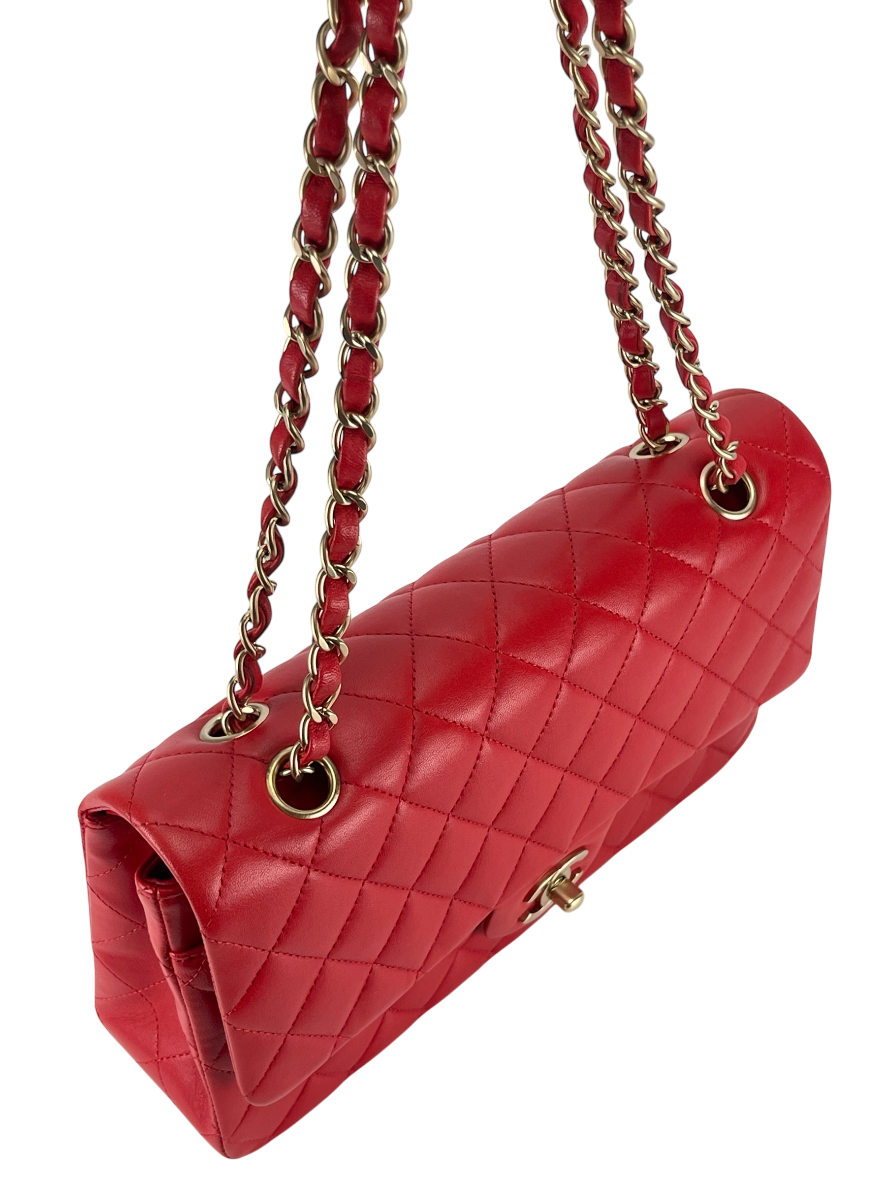CHANEL - Medium Classic Double Flap Bag Red Lambskin Gold Hardware (CF25)