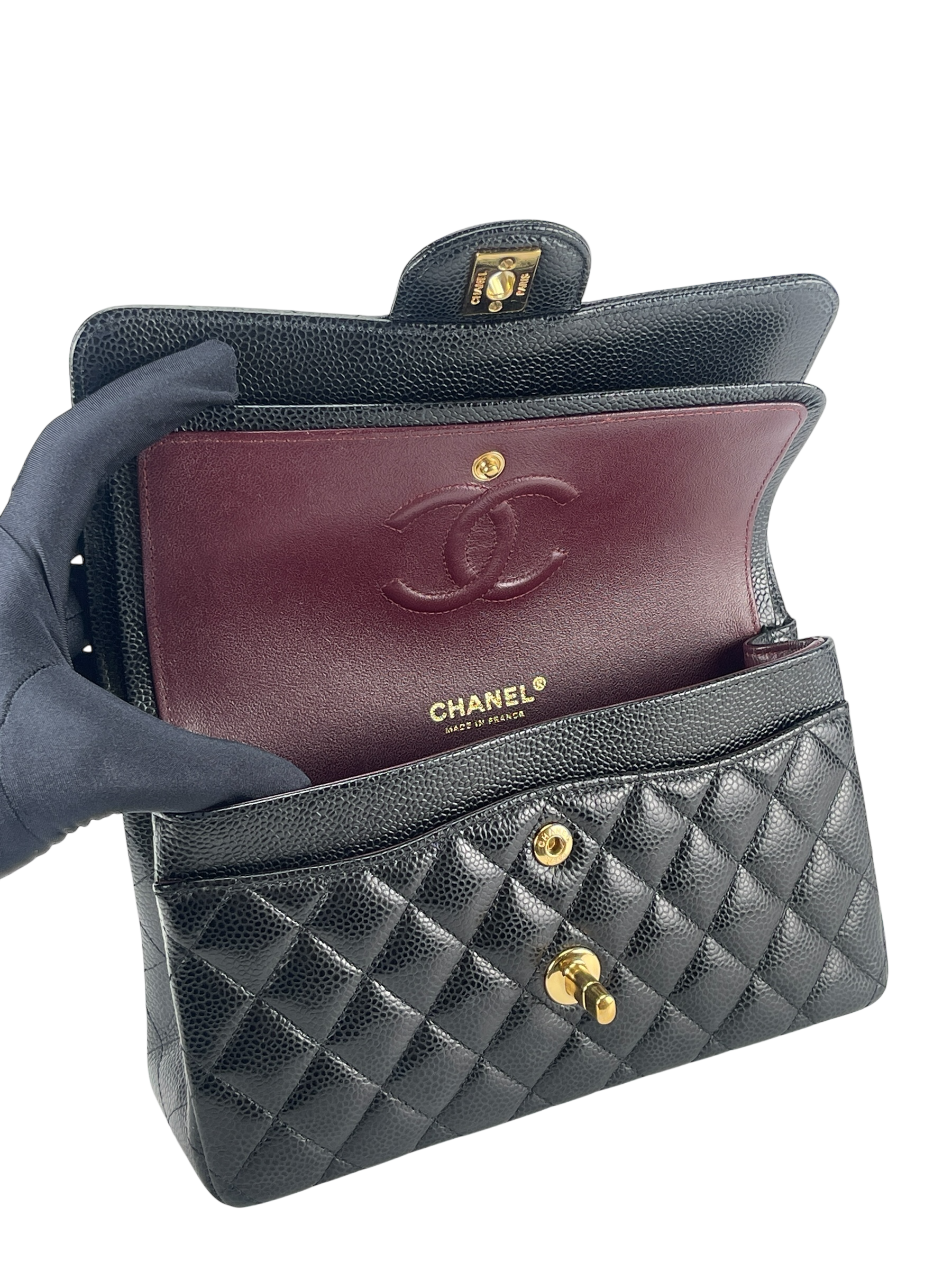 CHANEL - Small Classic Double Flap Bag Black Caviar Gold Hardware (CF23)