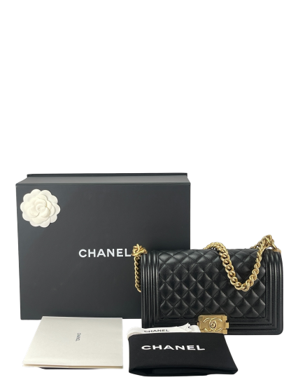 CHANEL - Medium Boy Flap Bag Black Caviar Gold Hardware