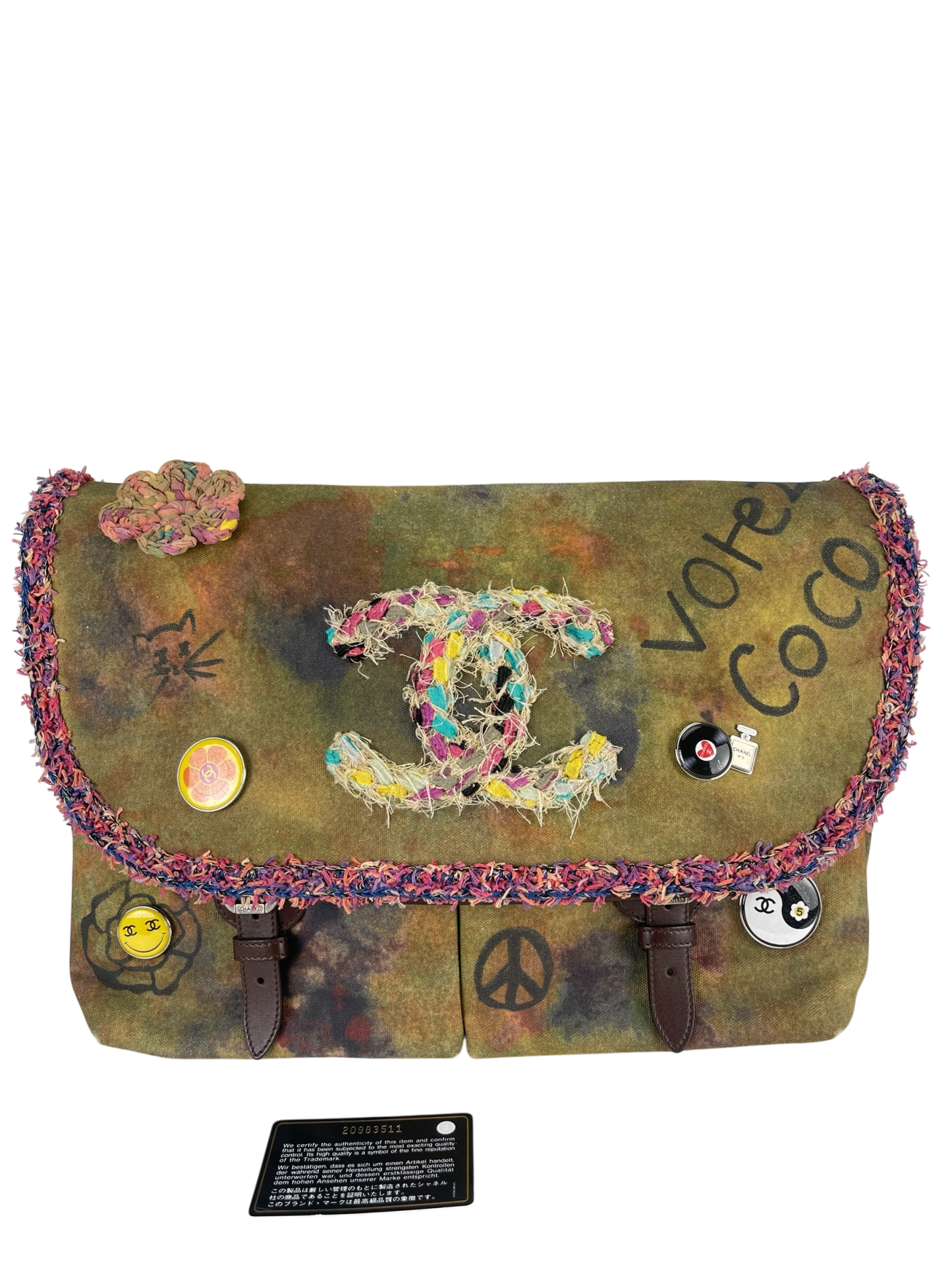 CHANEL - Khaki Green Canvas Graffiti On Messenger Bag