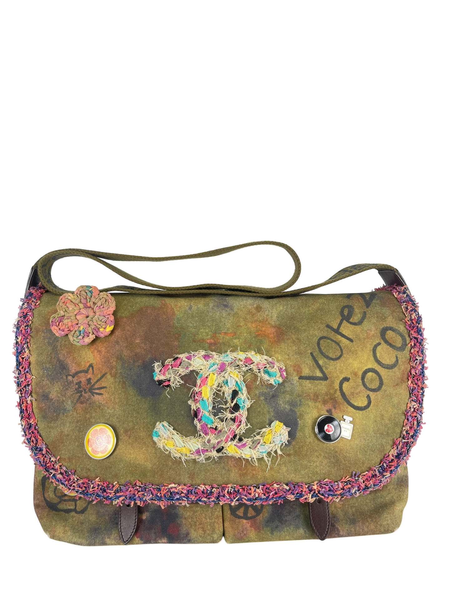 CHANEL - Khaki Green Canvas Graffiti On Messenger Bag