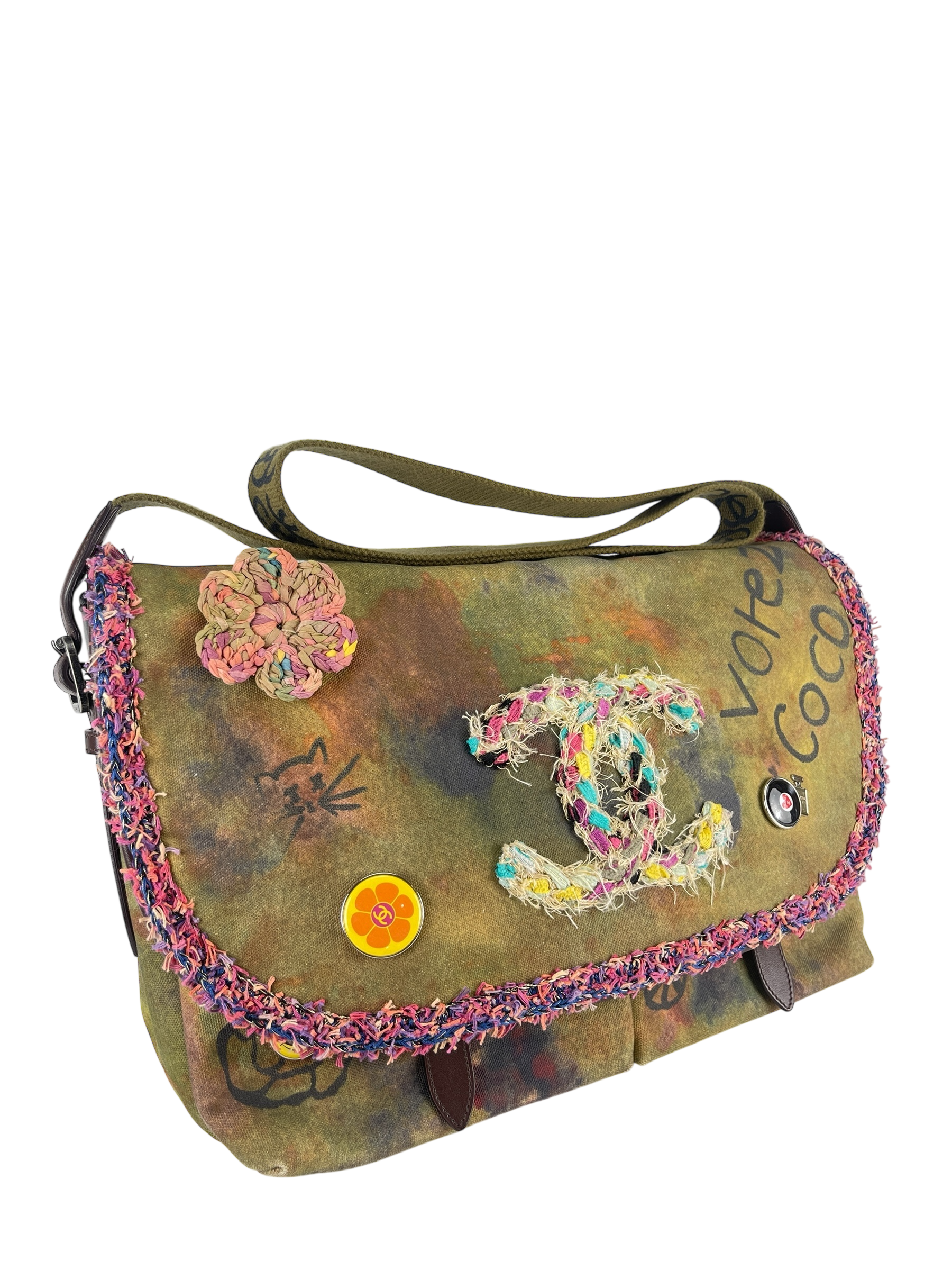 CHANEL - Khaki Green Canvas Graffiti On Messenger Bag