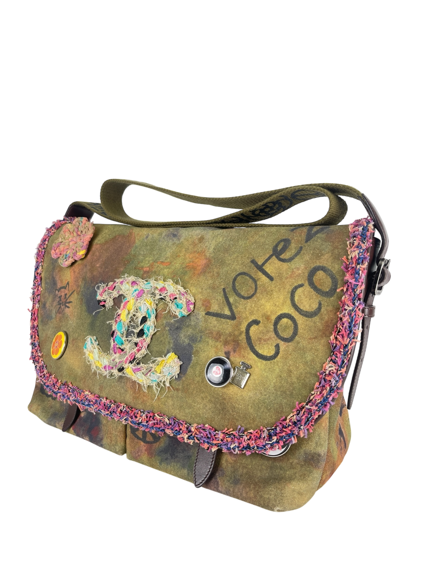 CHANEL - Khaki Green Canvas Graffiti On Messenger Bag