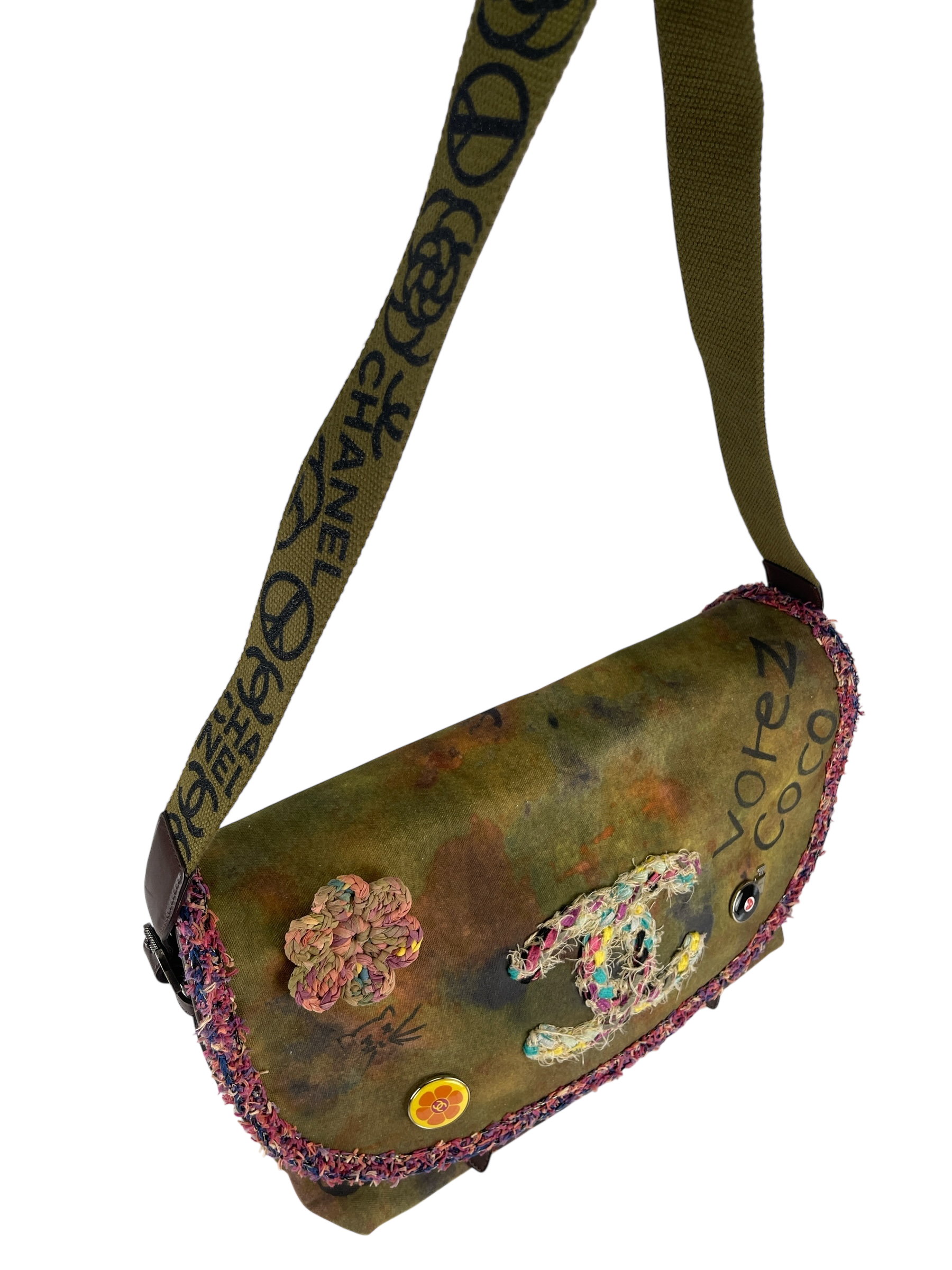 CHANEL - Khaki Green Canvas Graffiti On Messenger Bag