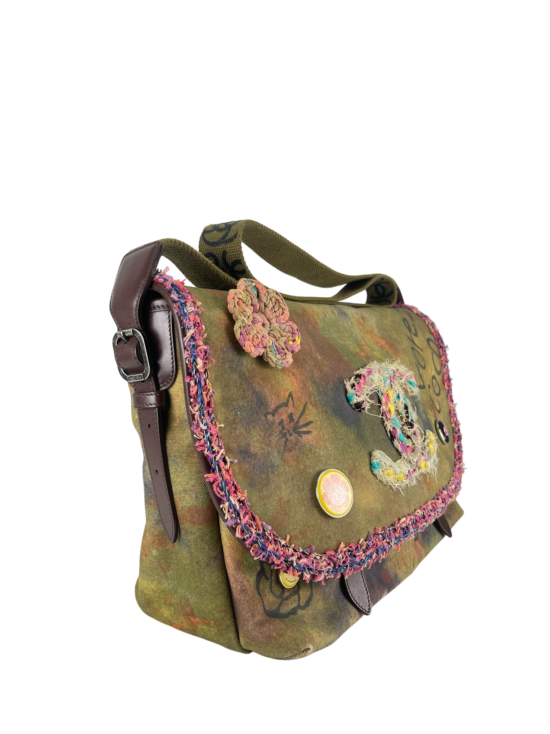 CHANEL - Khaki Green Canvas Graffiti On Messenger Bag