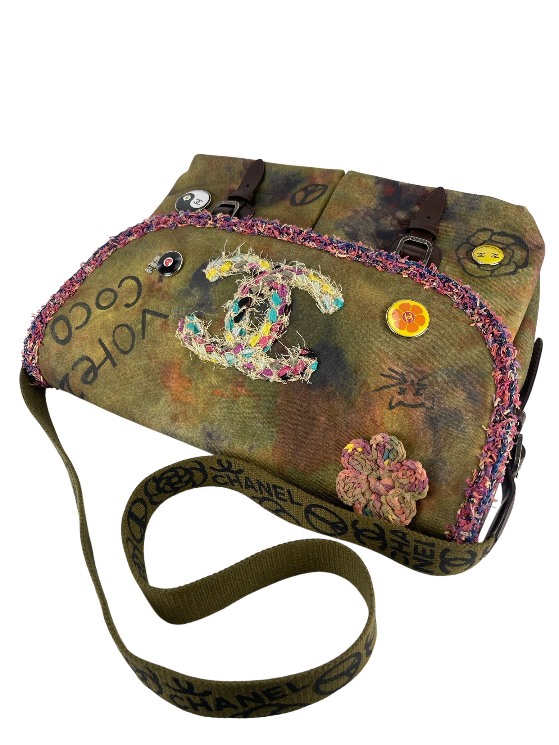 CHANEL - Khaki Green Canvas Graffiti On Messenger Bag
