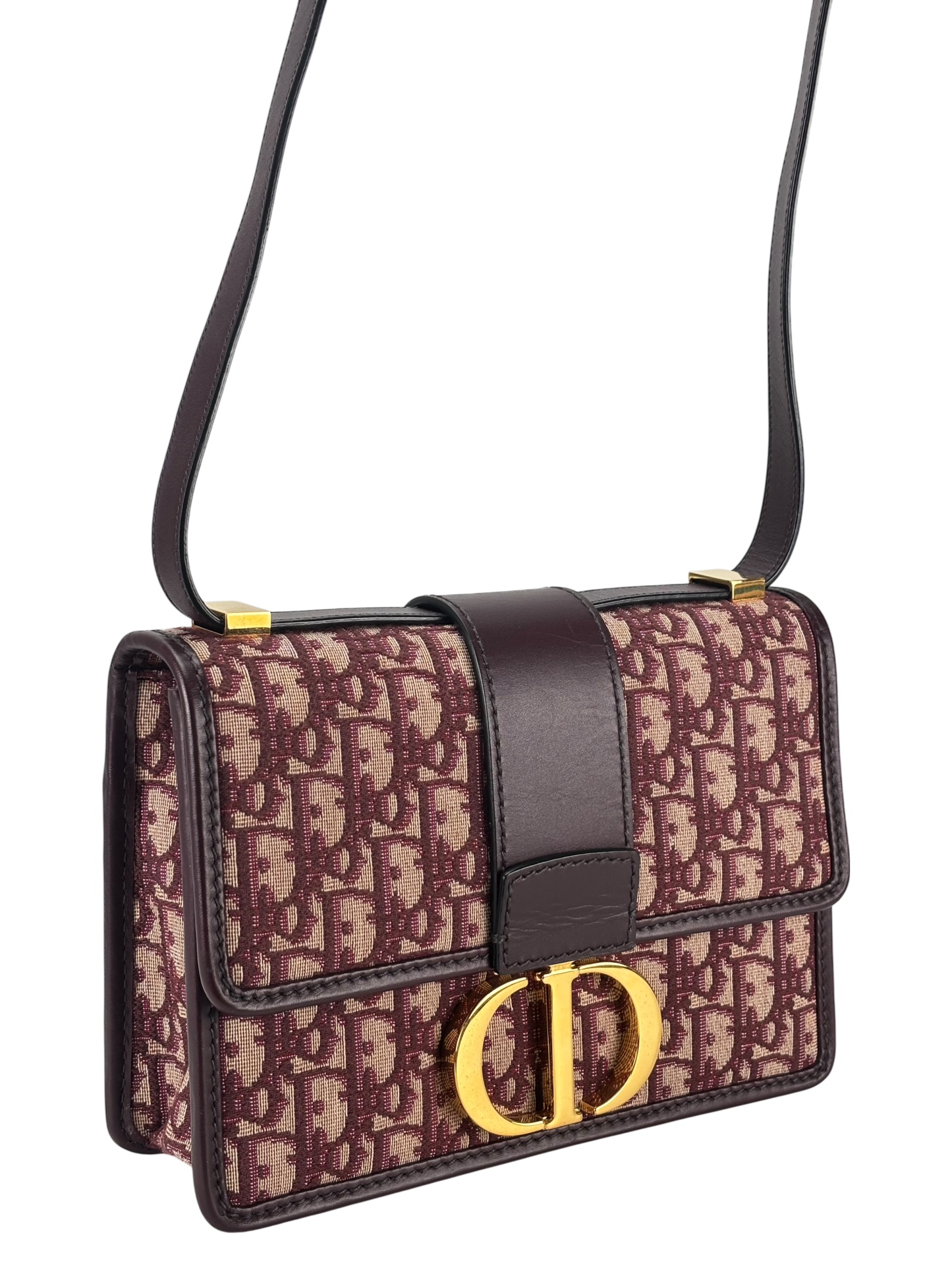 CHRISTIAN DIOR - Red Canvas Oblique Montaigne Flap Bag Burgundy