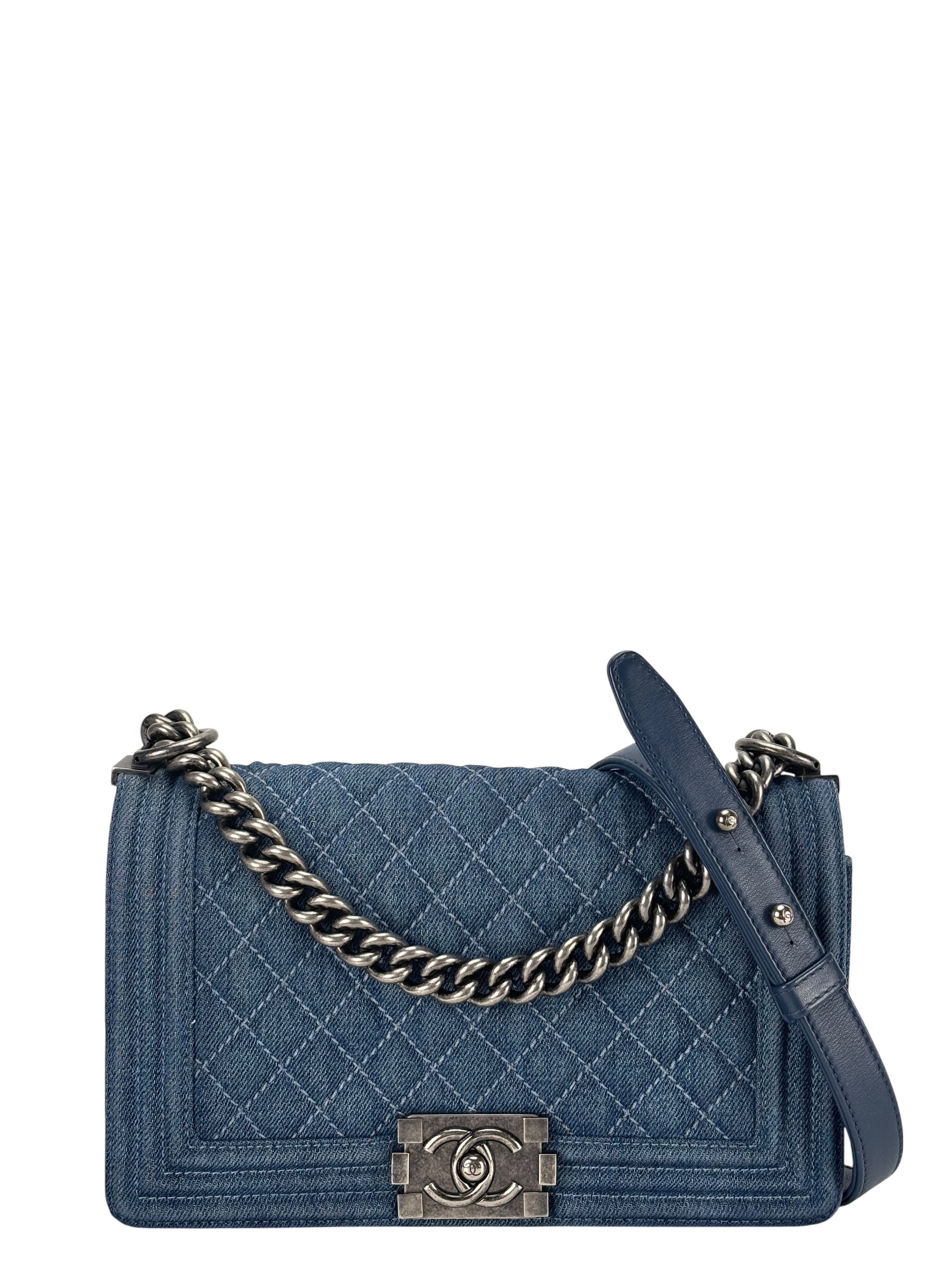 CHANEL -  Medium Boy Flap Bag Blue Denim Sliver Hardware