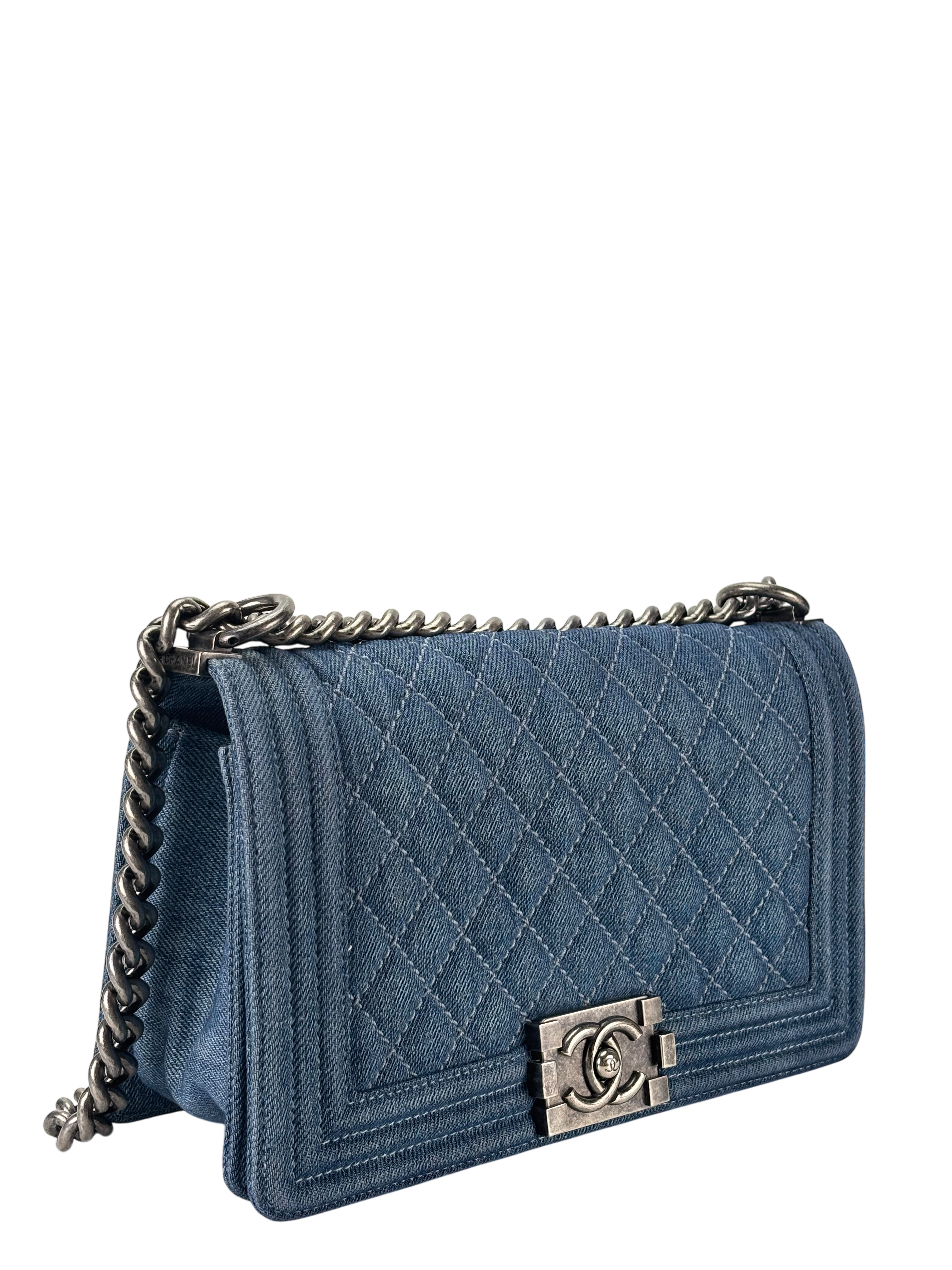 CHANEL -  Medium Boy Flap Bag Blue Denim Sliver Hardware