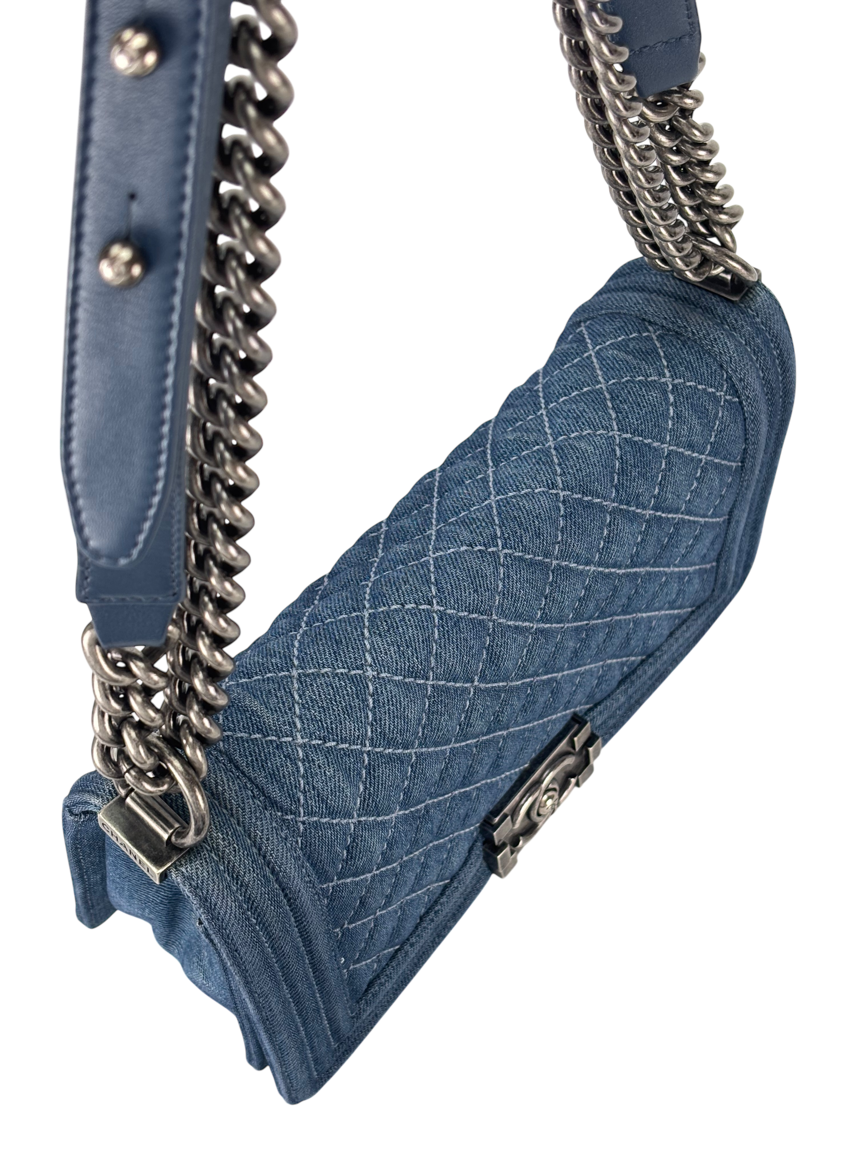 CHANEL -  Medium Boy Flap Bag Blue Denim Sliver Hardware