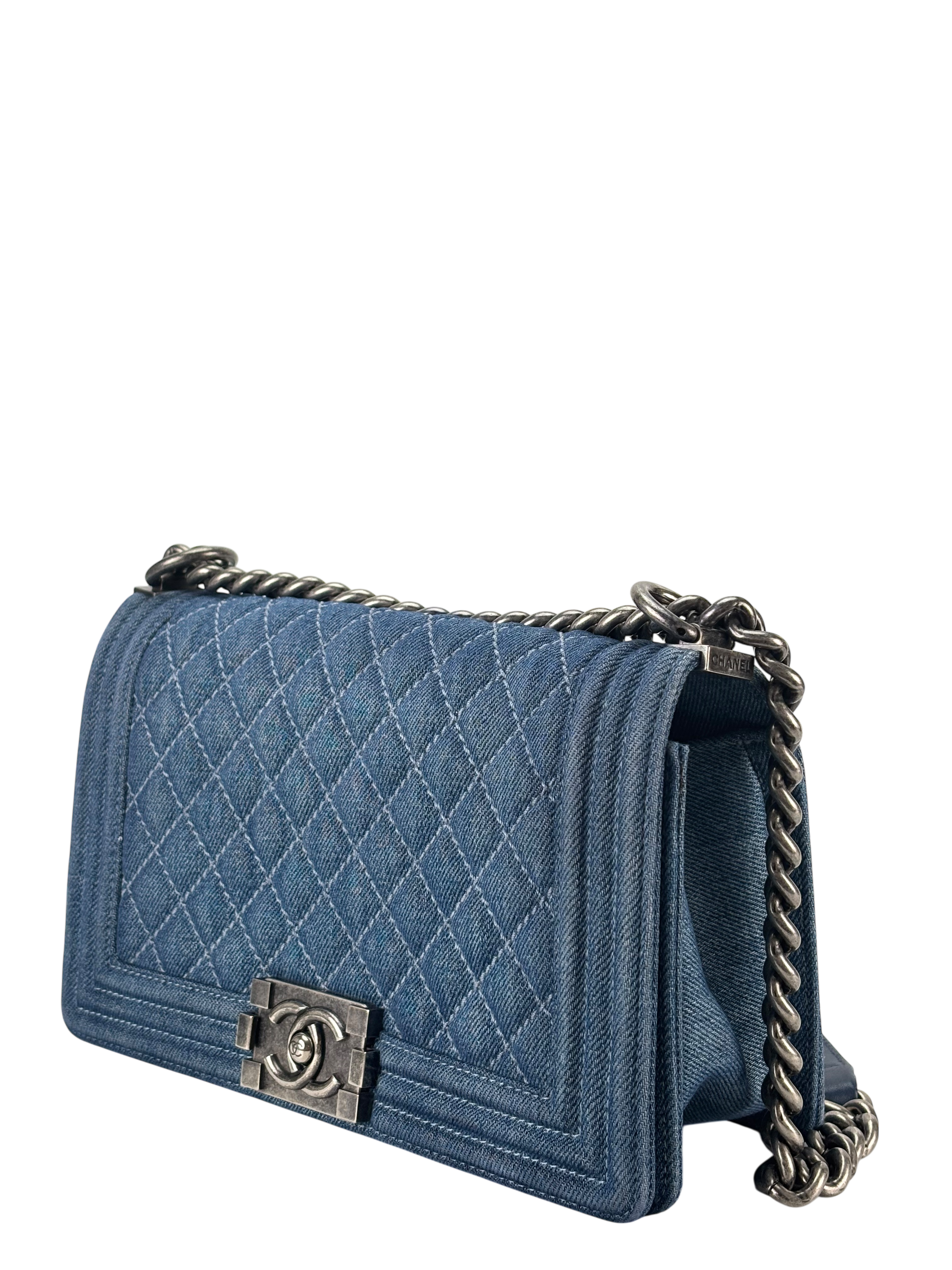 CHANEL -  Medium Boy Flap Bag Blue Denim Sliver Hardware
