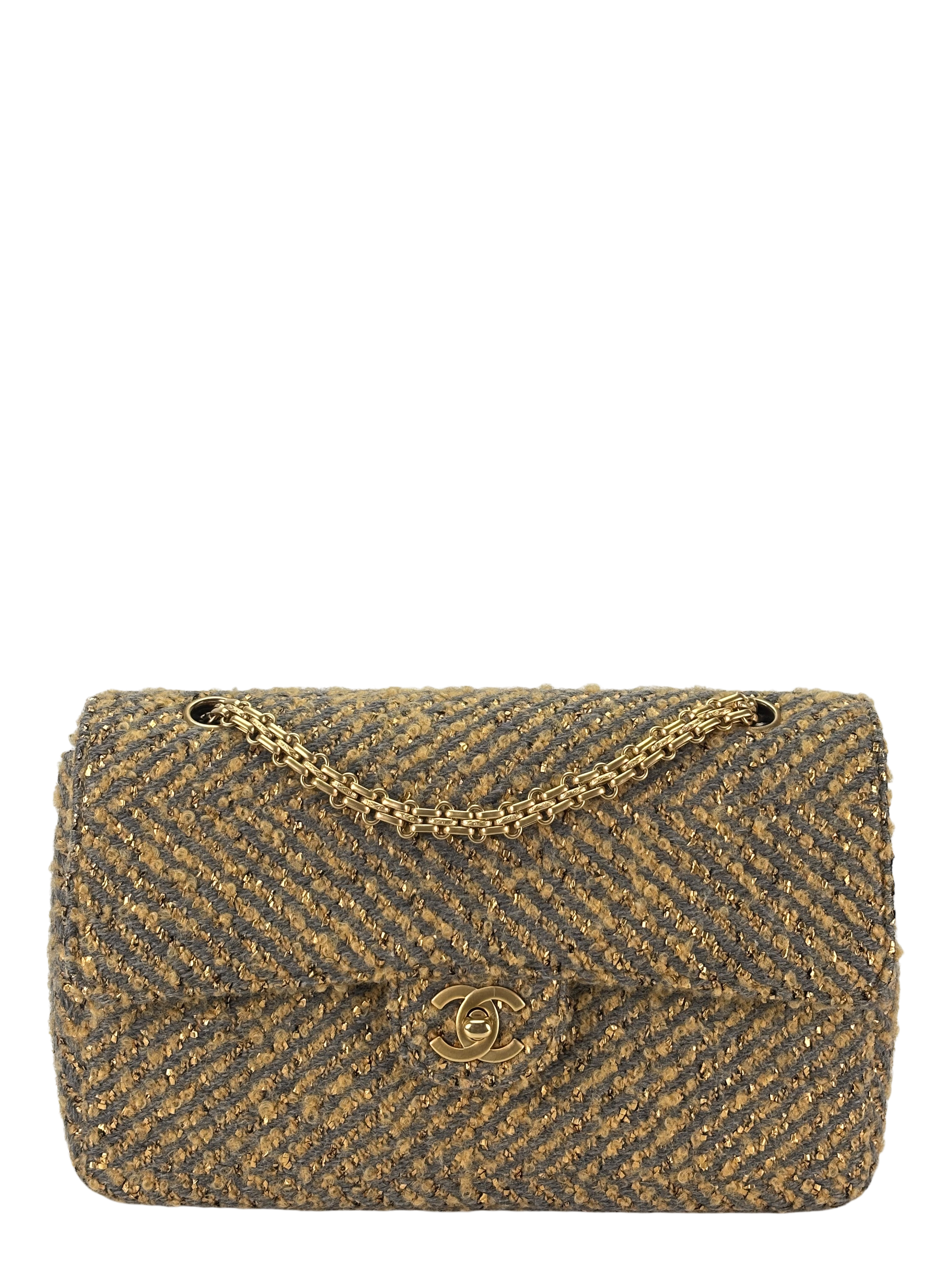 CHANEL - Tweed Gold Grey Classic Flap Chain Bag