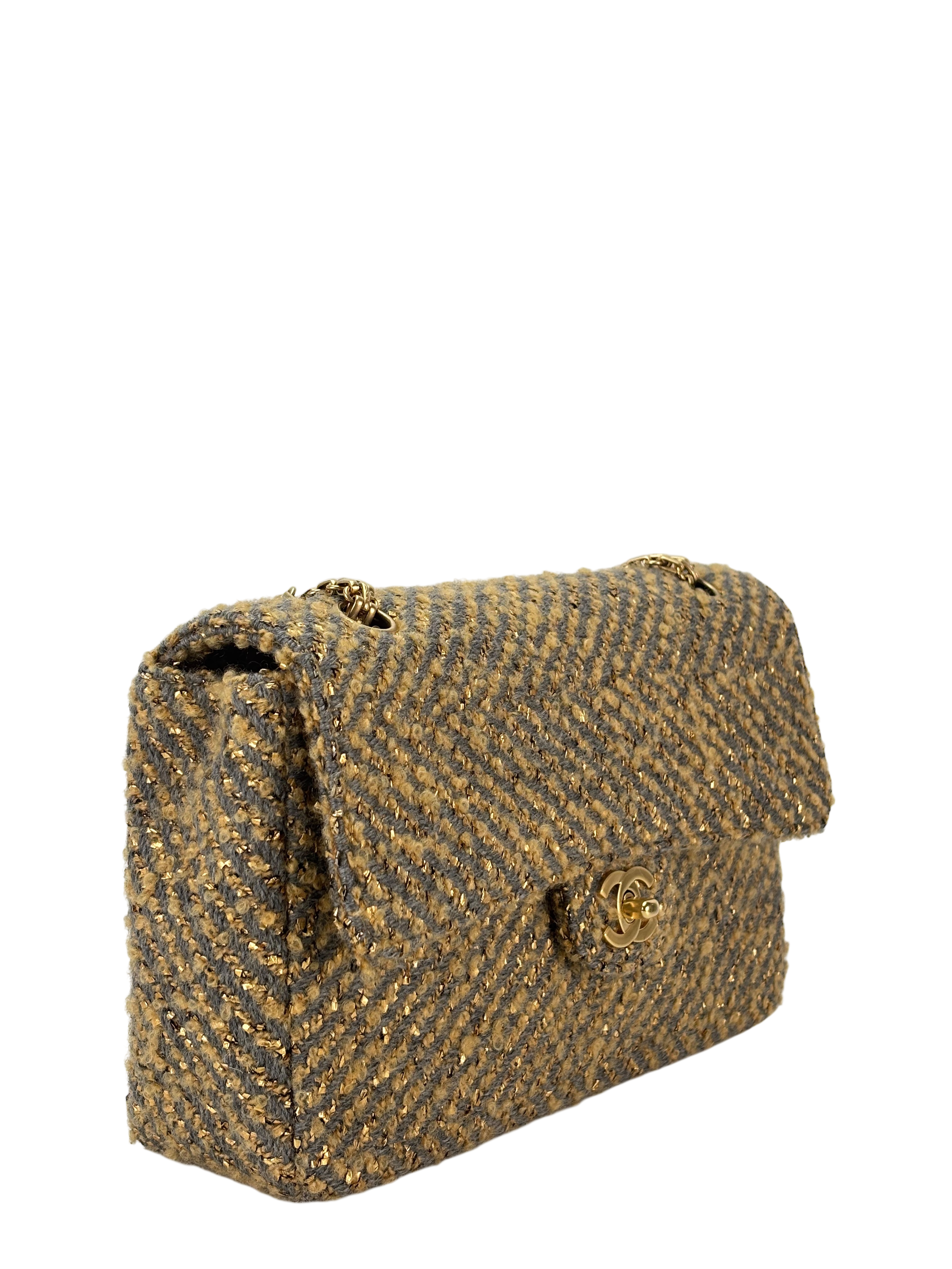 CHANEL - Tweed Gold Grey Classic Flap Chain Bag