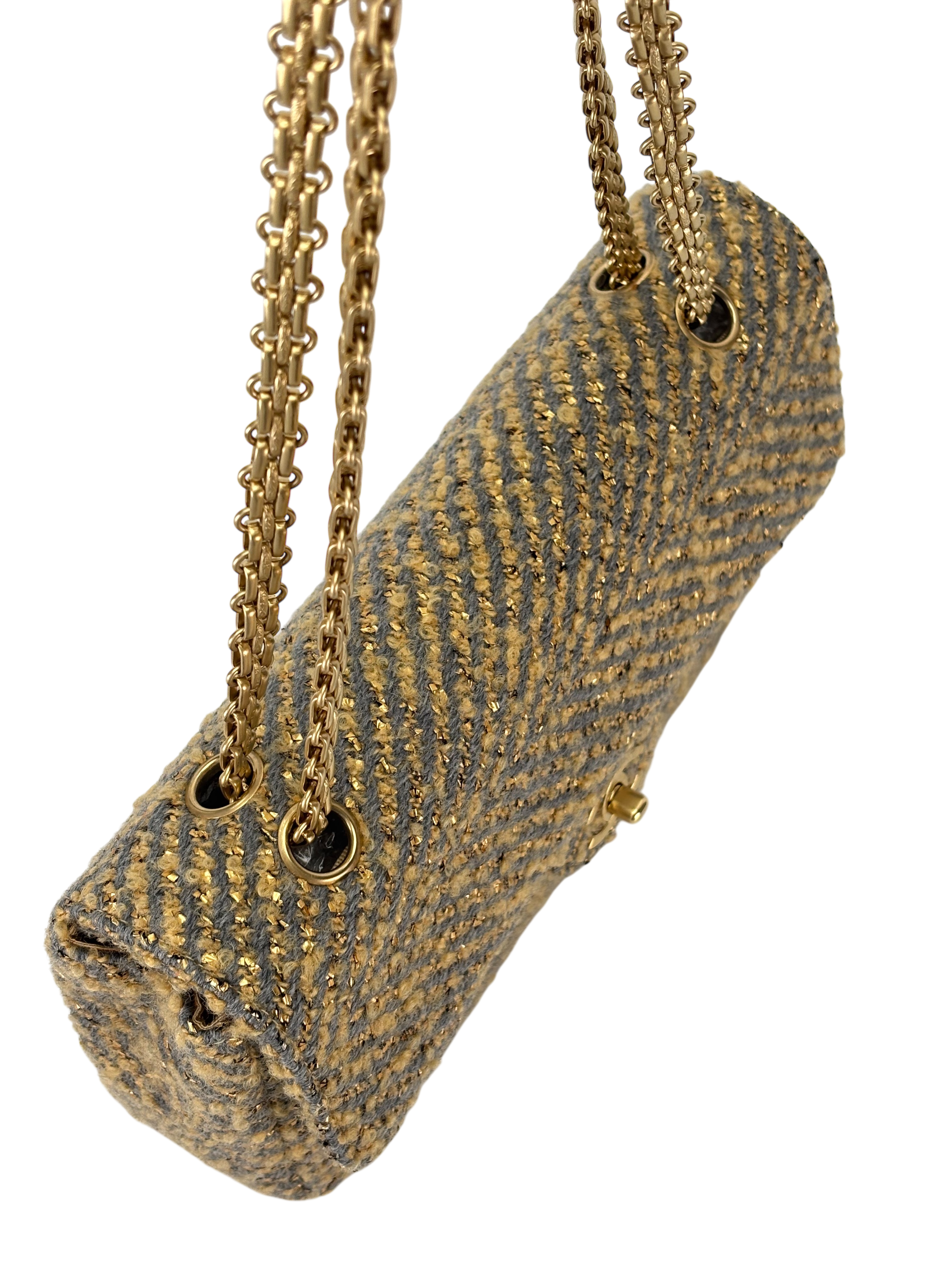 CHANEL - Tweed Gold Grey Classic Flap Chain Bag