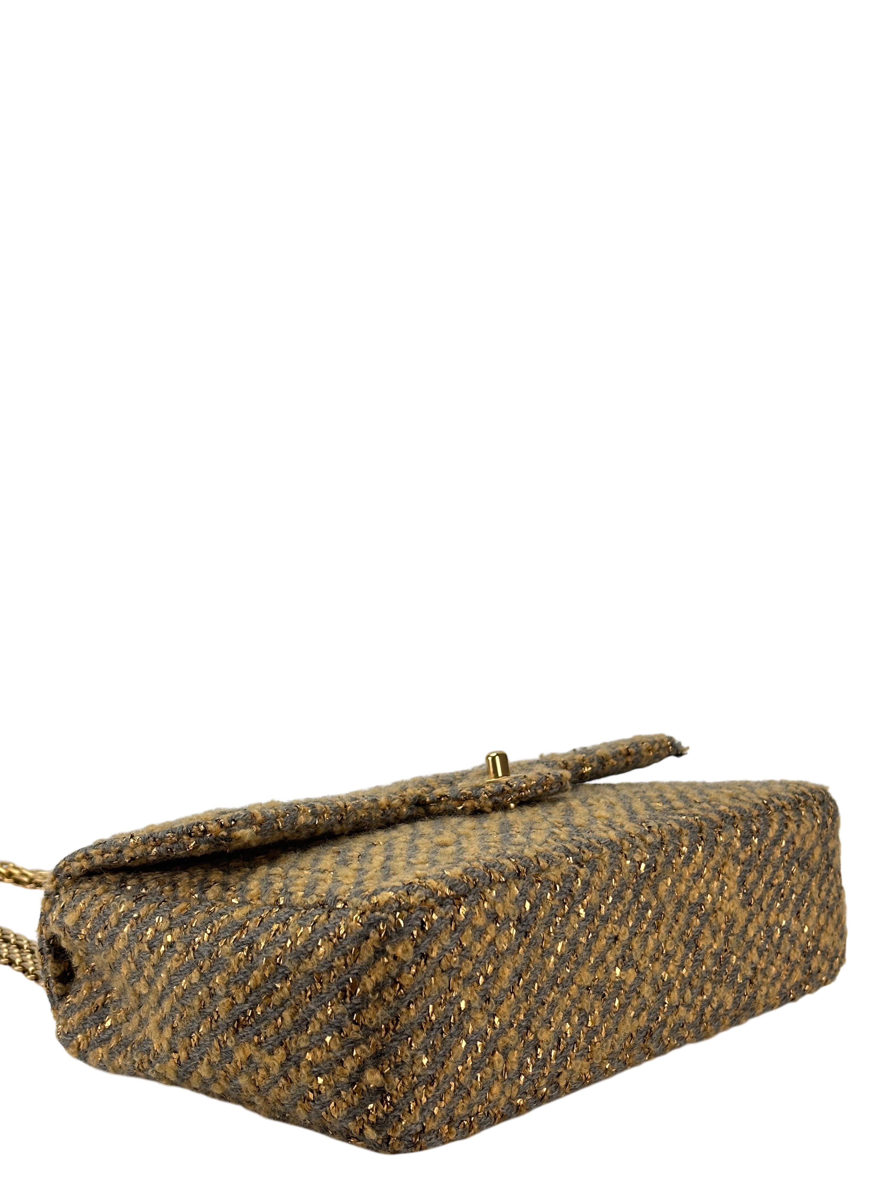 CHANEL - Tweed Gold Grey Classic Flap Chain Bag