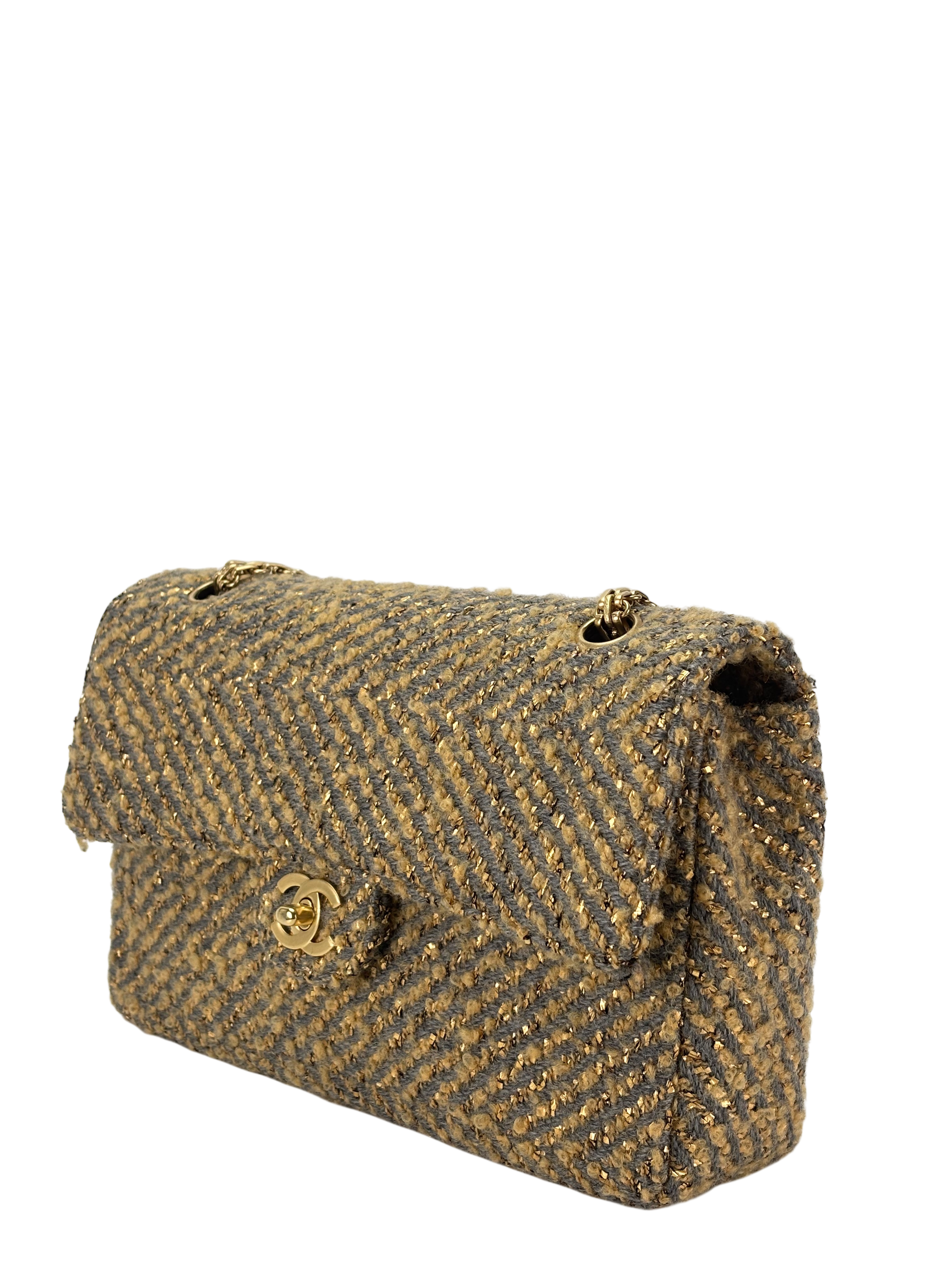 CHANEL - Tweed Gold Grey Classic Flap Chain Bag
