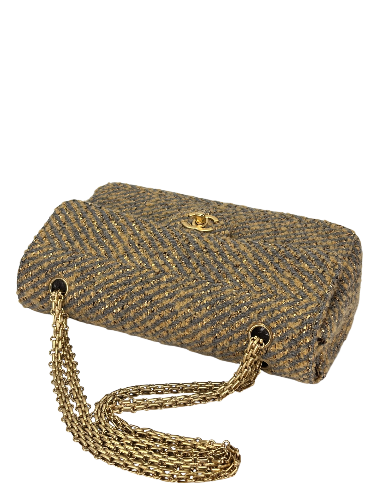 CHANEL - Tweed Gold Grey Classic Flap Chain Bag