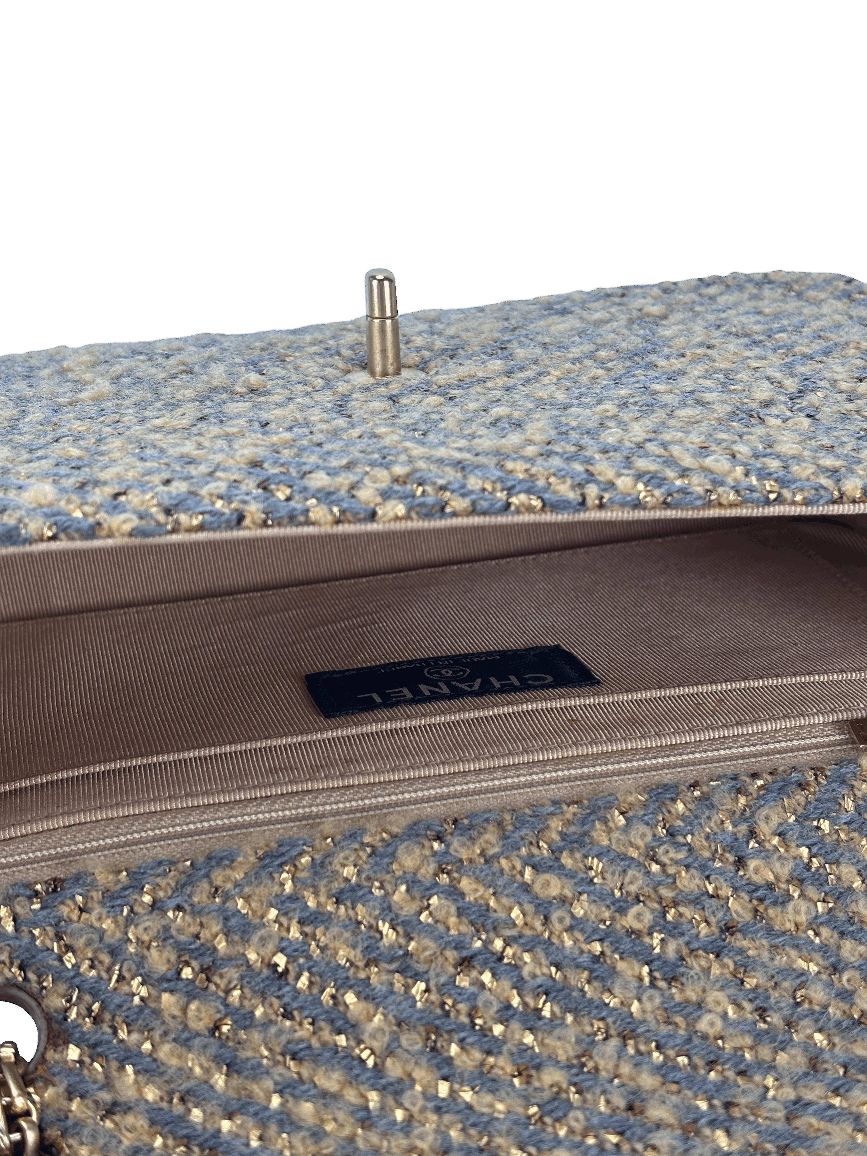 CHANEL - Tweed Gold Grey Classic Flap Chain Bag