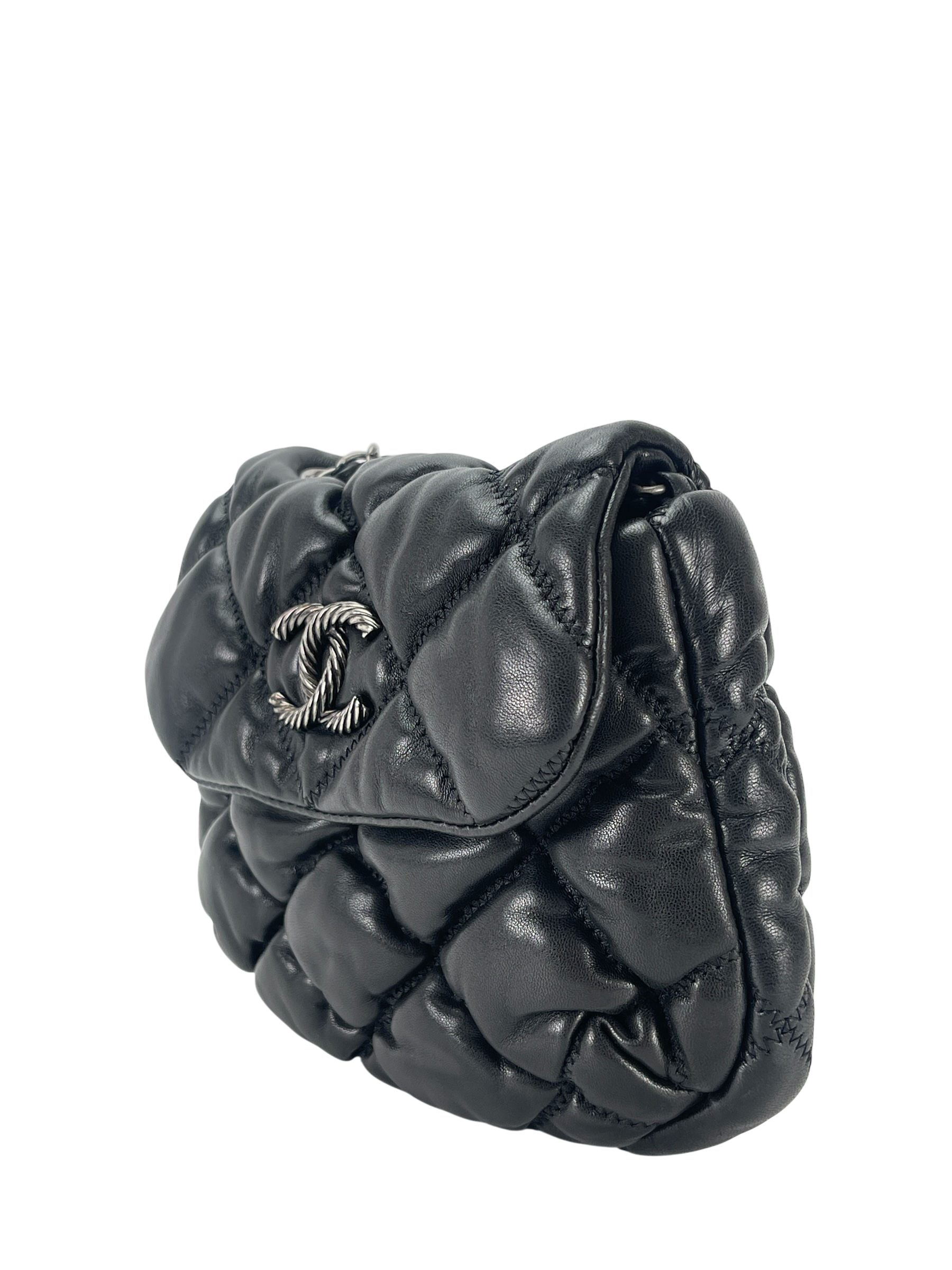 CHANEL - Black Lambskin Bubble Quilted Single Chain Bag
