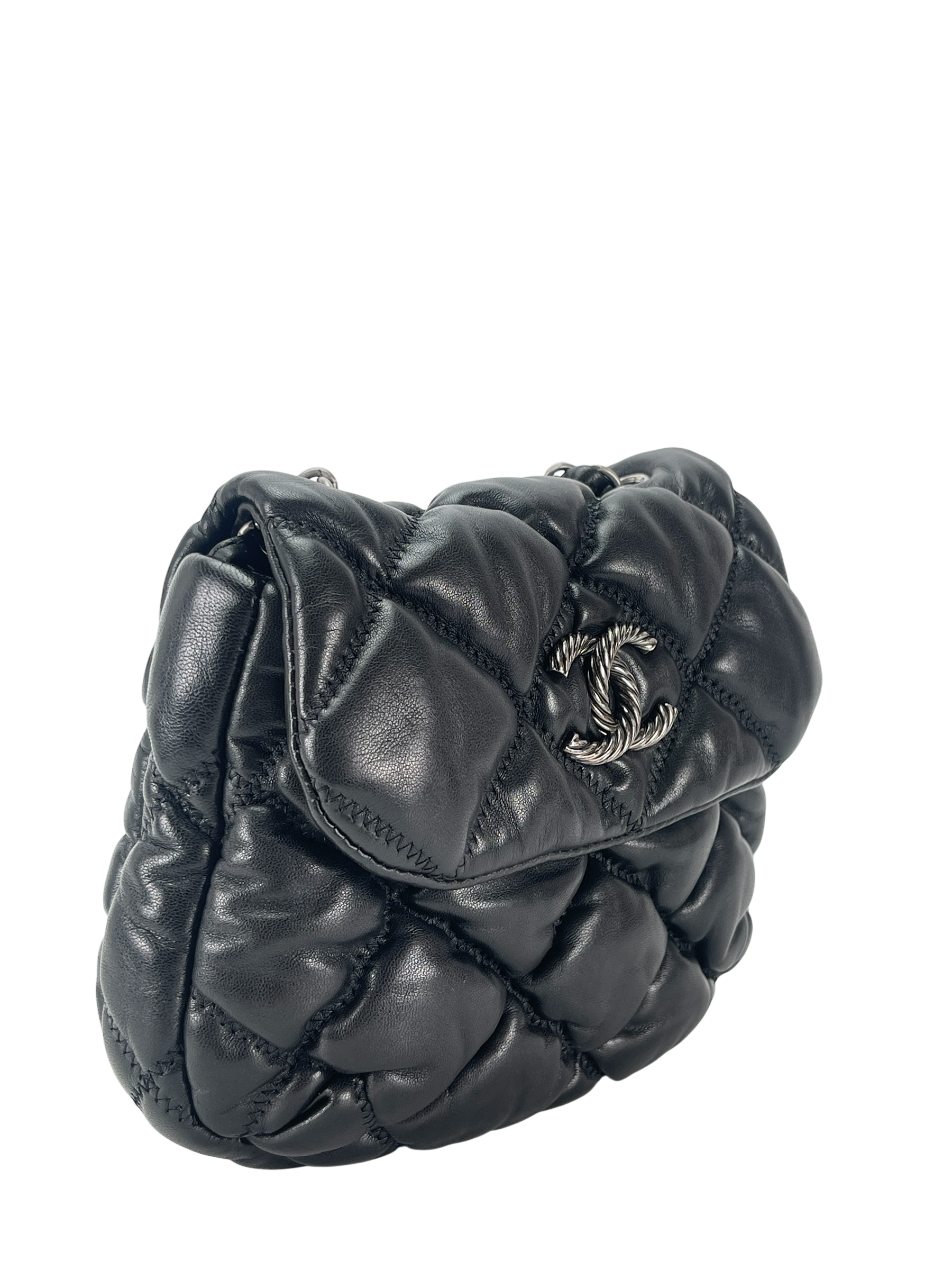 CHANEL - Black Lambskin Bubble Quilted Single Chain Bag
