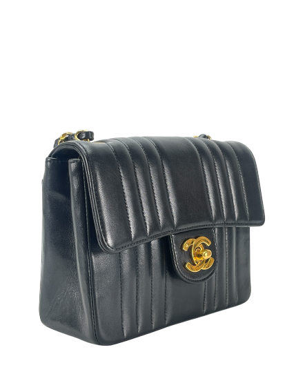 CHANEL - Lambskin Black Skin Turnlock Shoulder Bag 