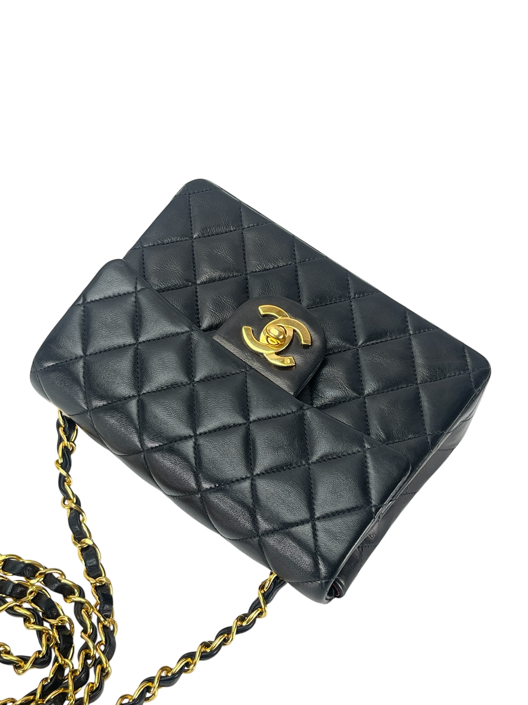 CHANEL - Mini Square Shoulder Bag Black Lambskin Gold Hardware