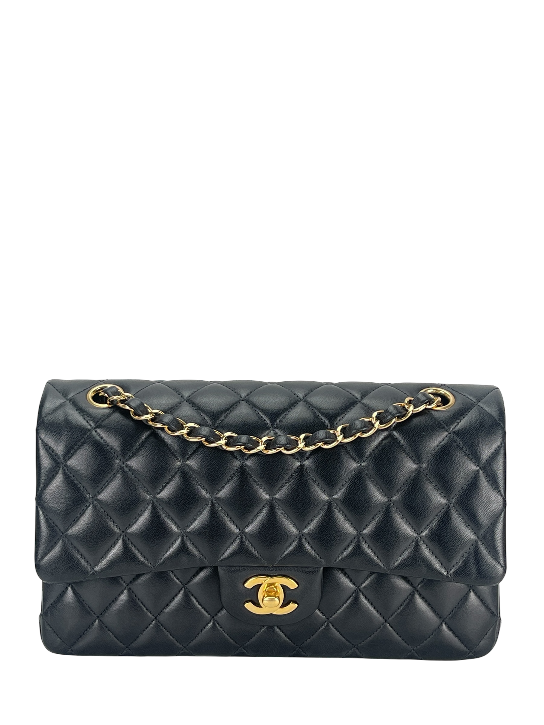 CHANEL - Medium Classic Double Flap Bag Black Lambskin Gold Hardware (CF25)