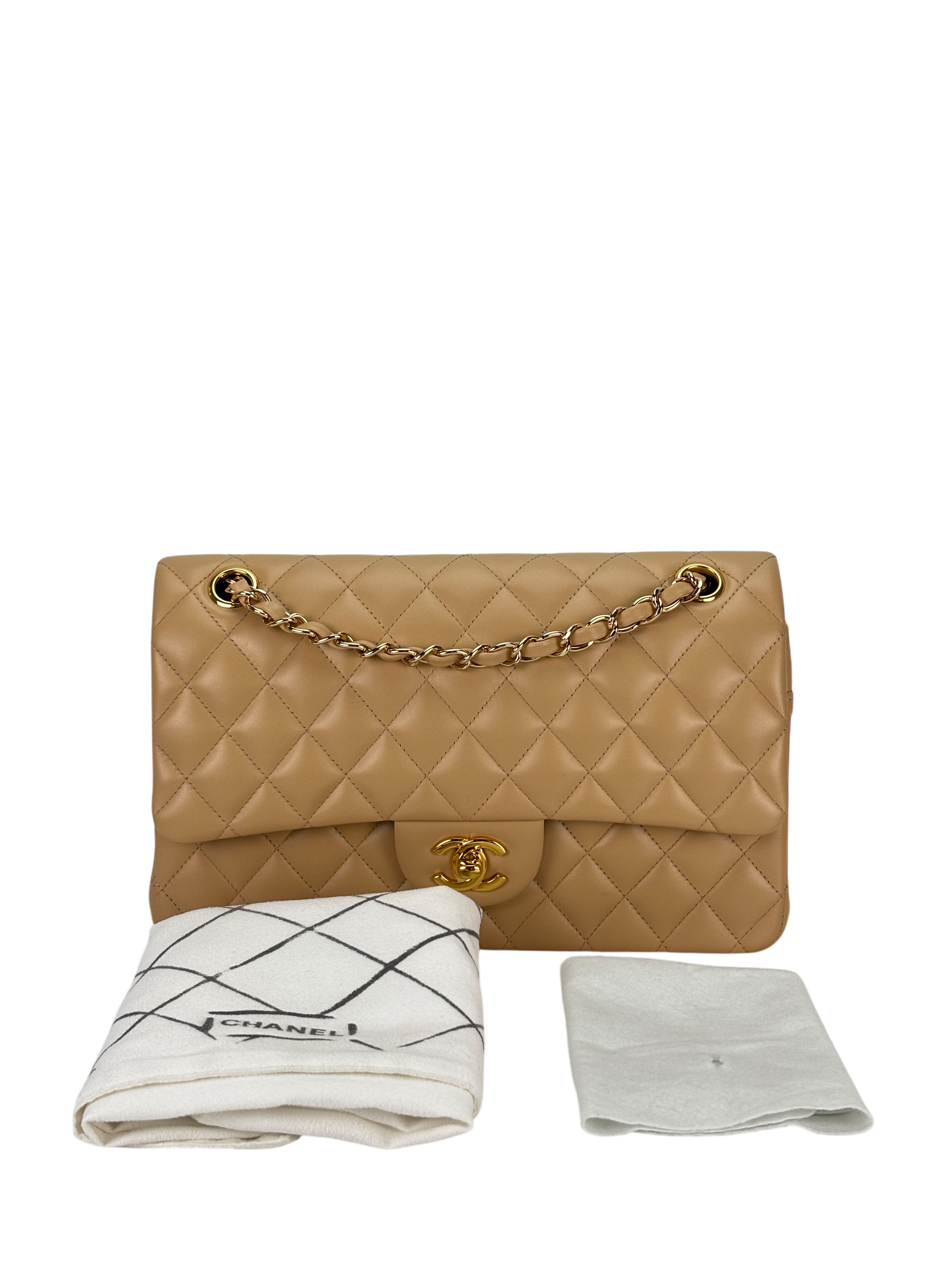 CHANEL - Medium Classic Double Flap Bag Beige Lambskin Gold Hardware (CF25) 