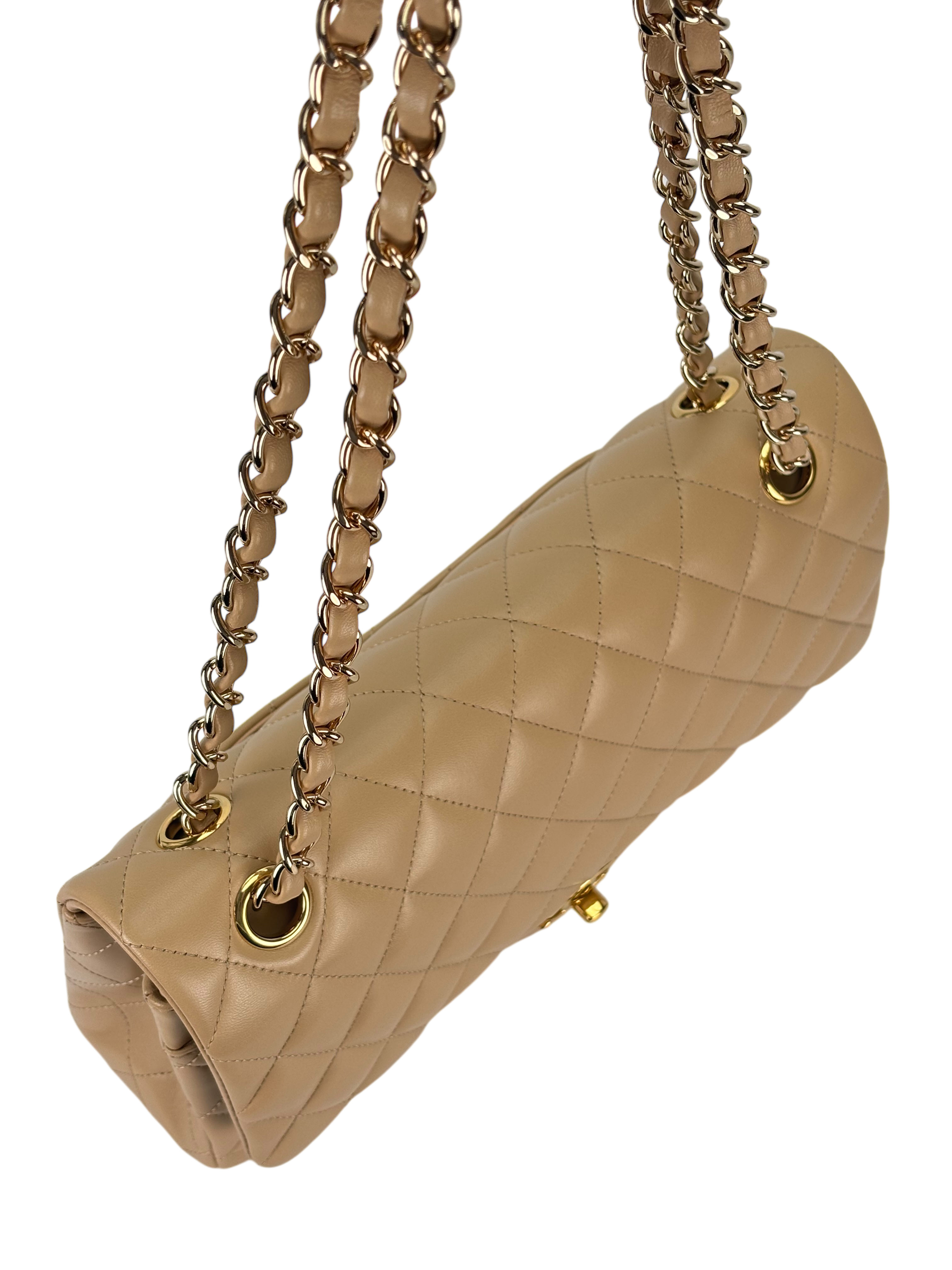CHANEL - Medium Classic Double Flap Bag Beige Lambskin Gold Hardware (CF25) 