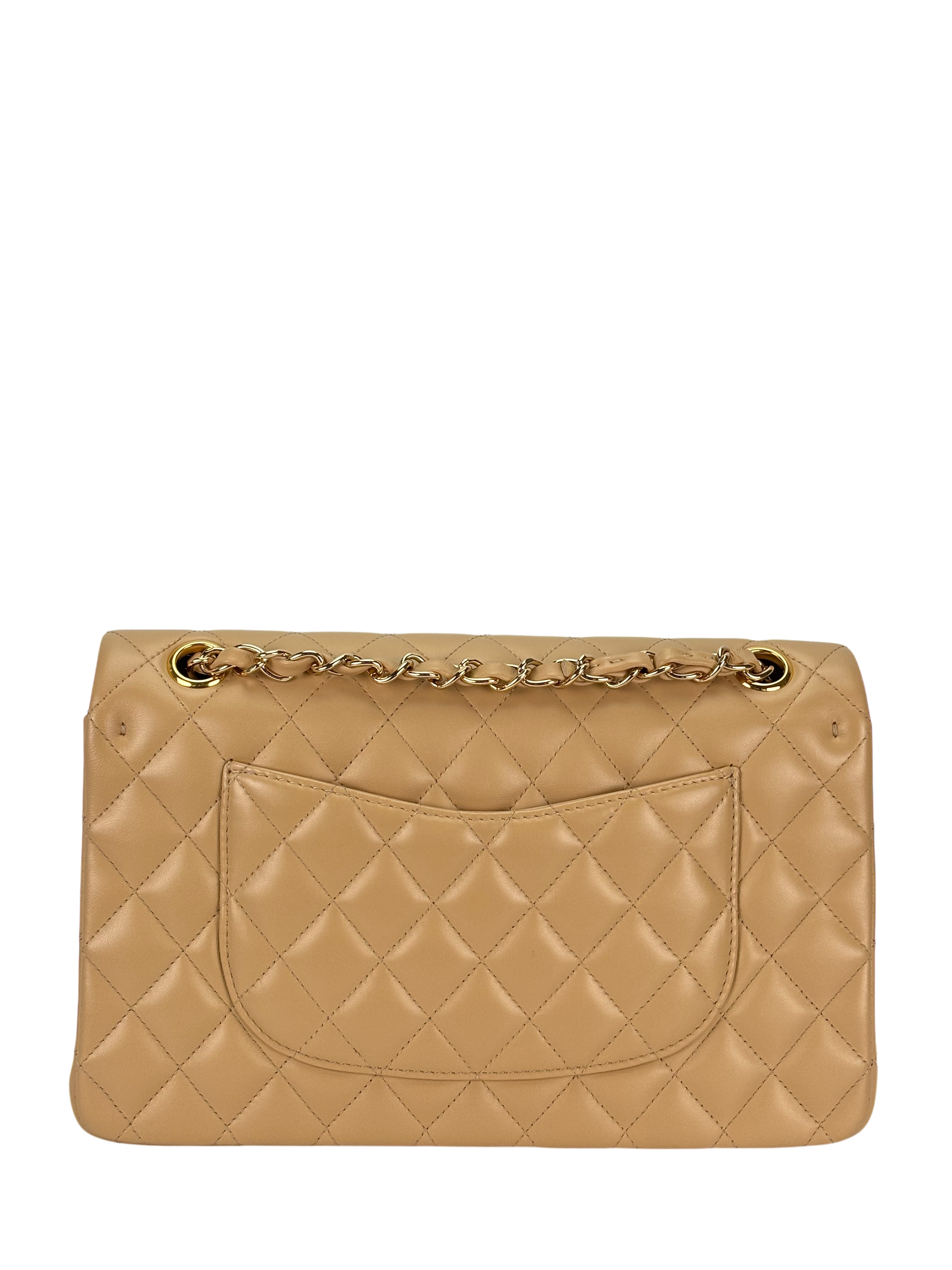 CHANEL - Medium Classic Double Flap Bag Beige Lambskin Gold Hardware (CF25) 