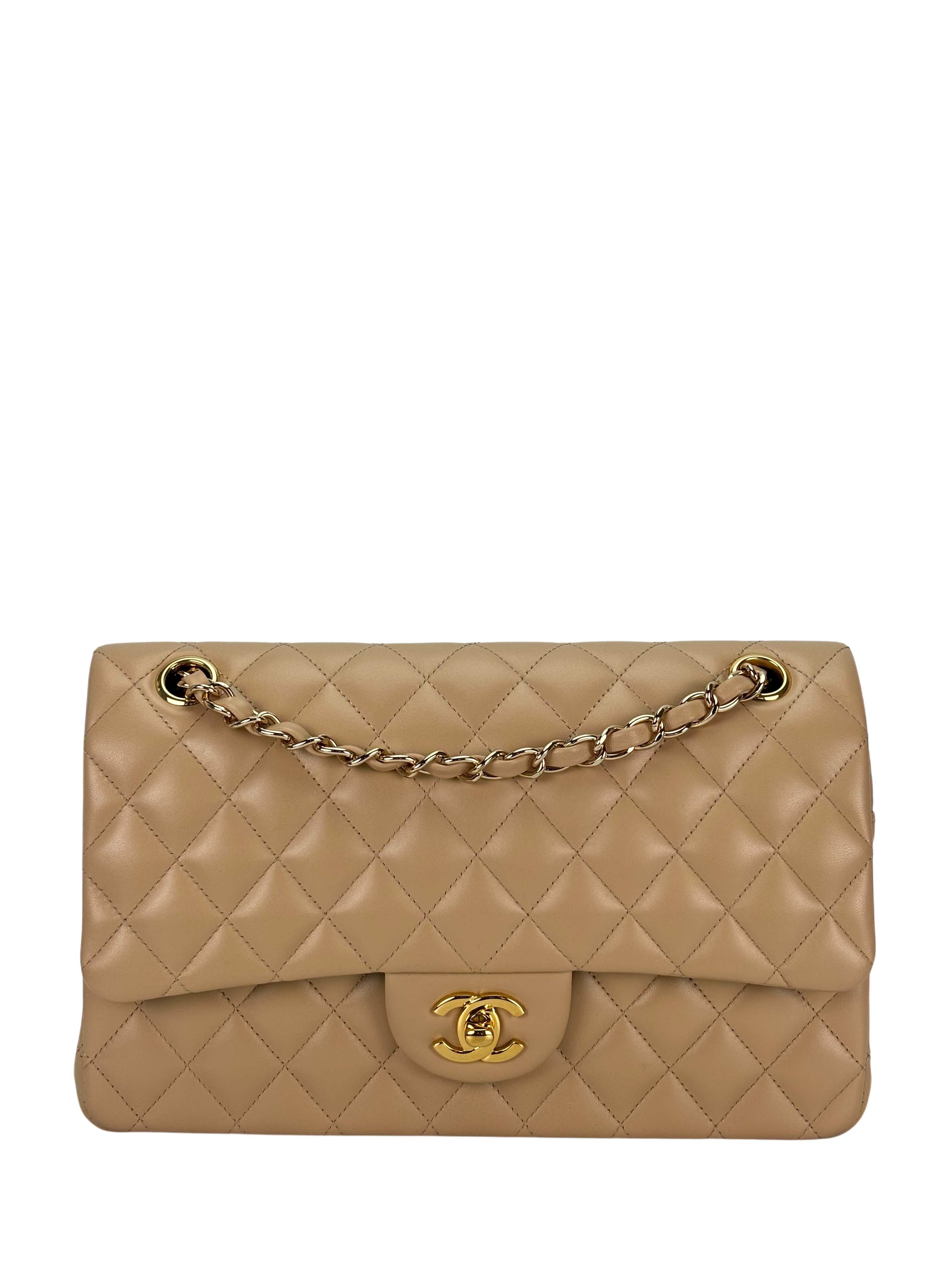 CHANEL - Medium Classic Double Flap Bag Beige Lambskin Gold Hardware (CF25) 