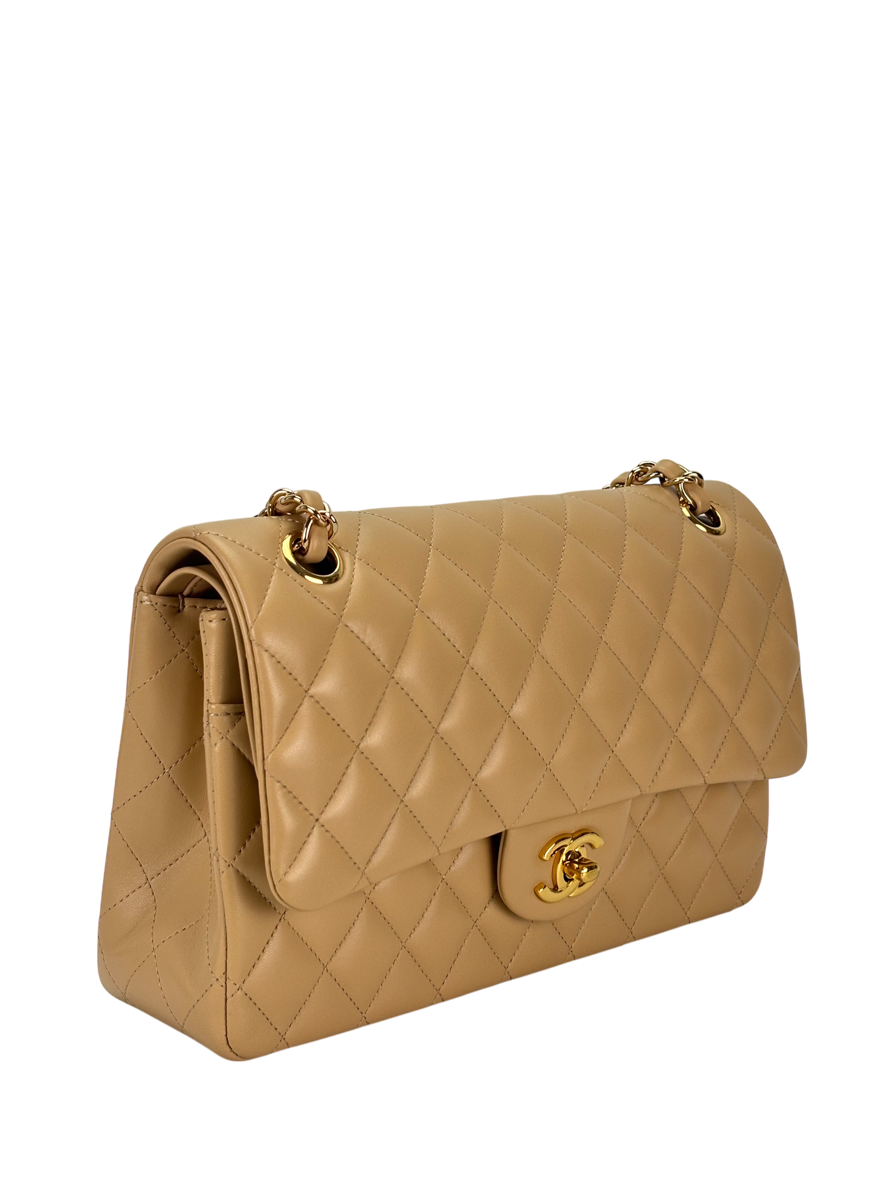 CHANEL - Medium Classic Double Flap Bag Beige Lambskin Gold Hardware (CF25) 