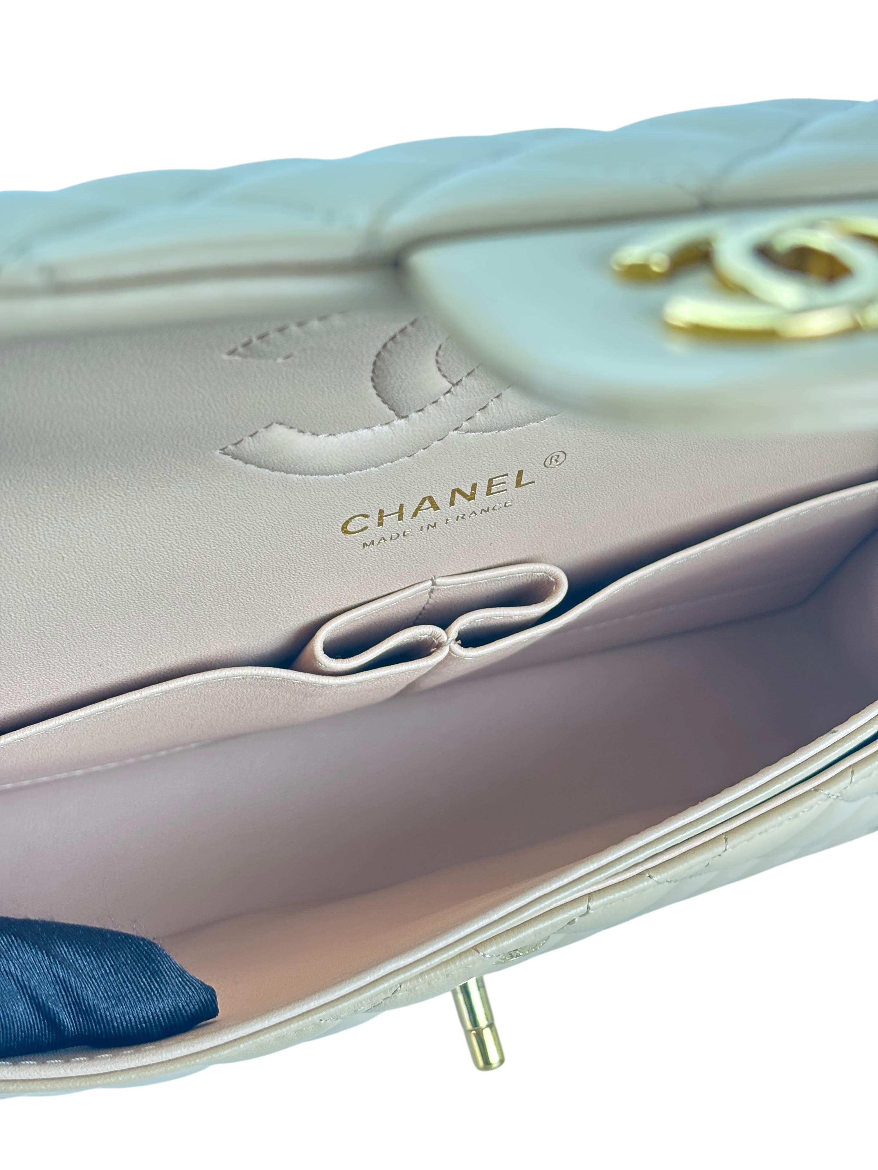 CHANEL - Medium Classic Double Flap Bag Beige Lambskin Gold Hardware (CF25) 