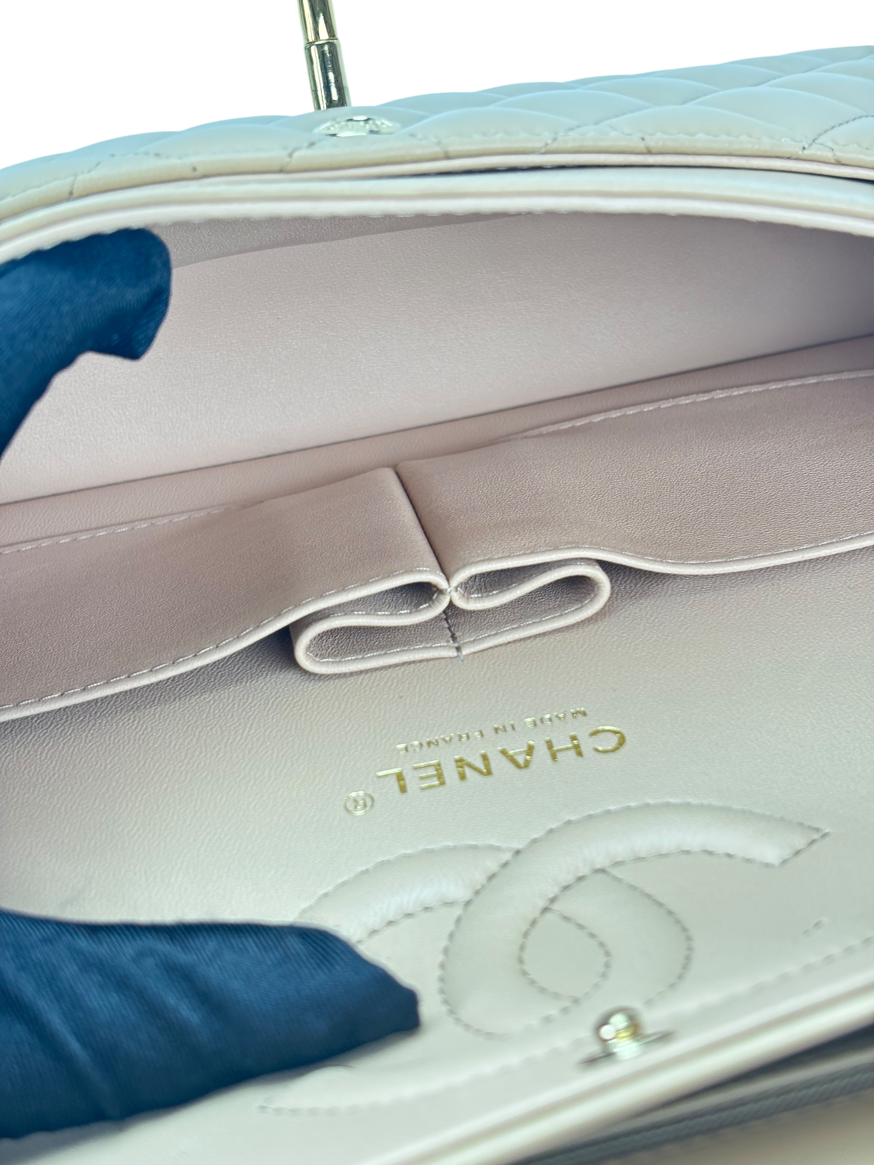 CHANEL - Medium Classic Double Flap Bag Beige Lambskin Gold Hardware (CF25) 