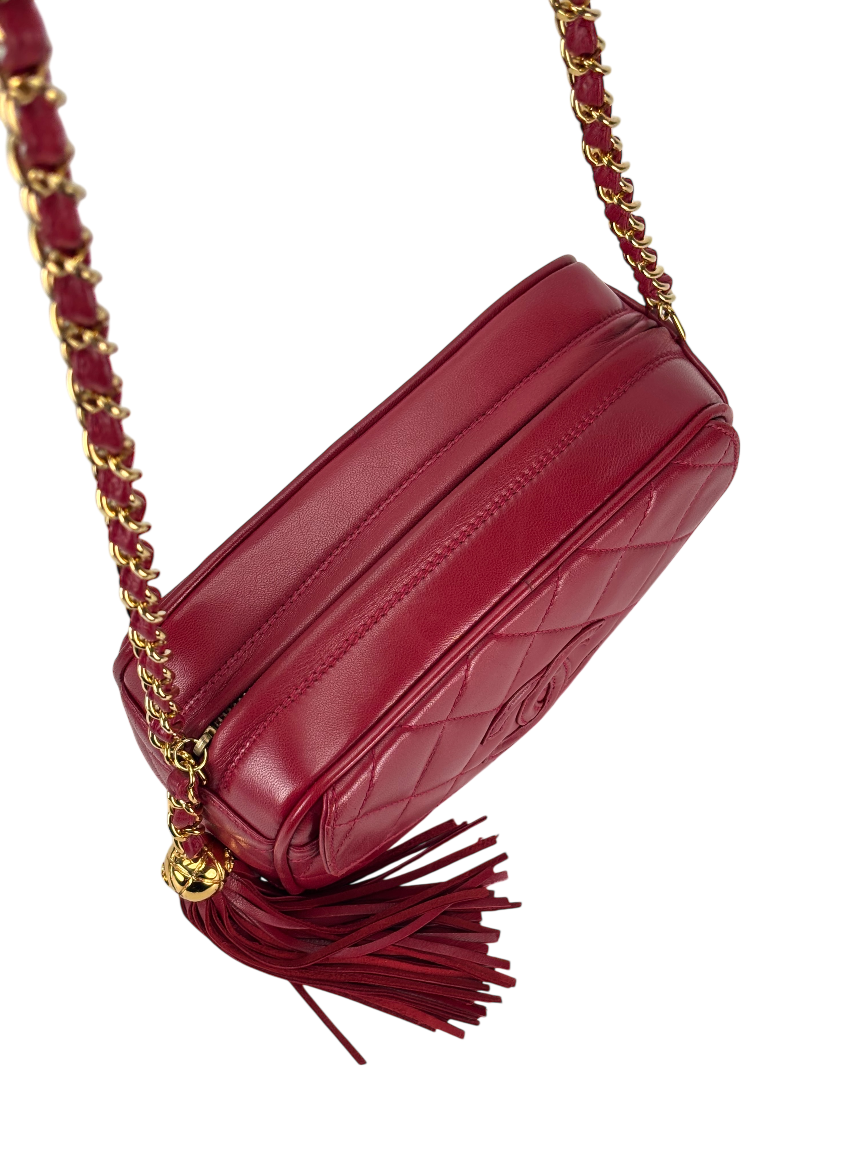 CHANEL - Red Lambskin Matelasse Tassel Camera Shoulder Bag