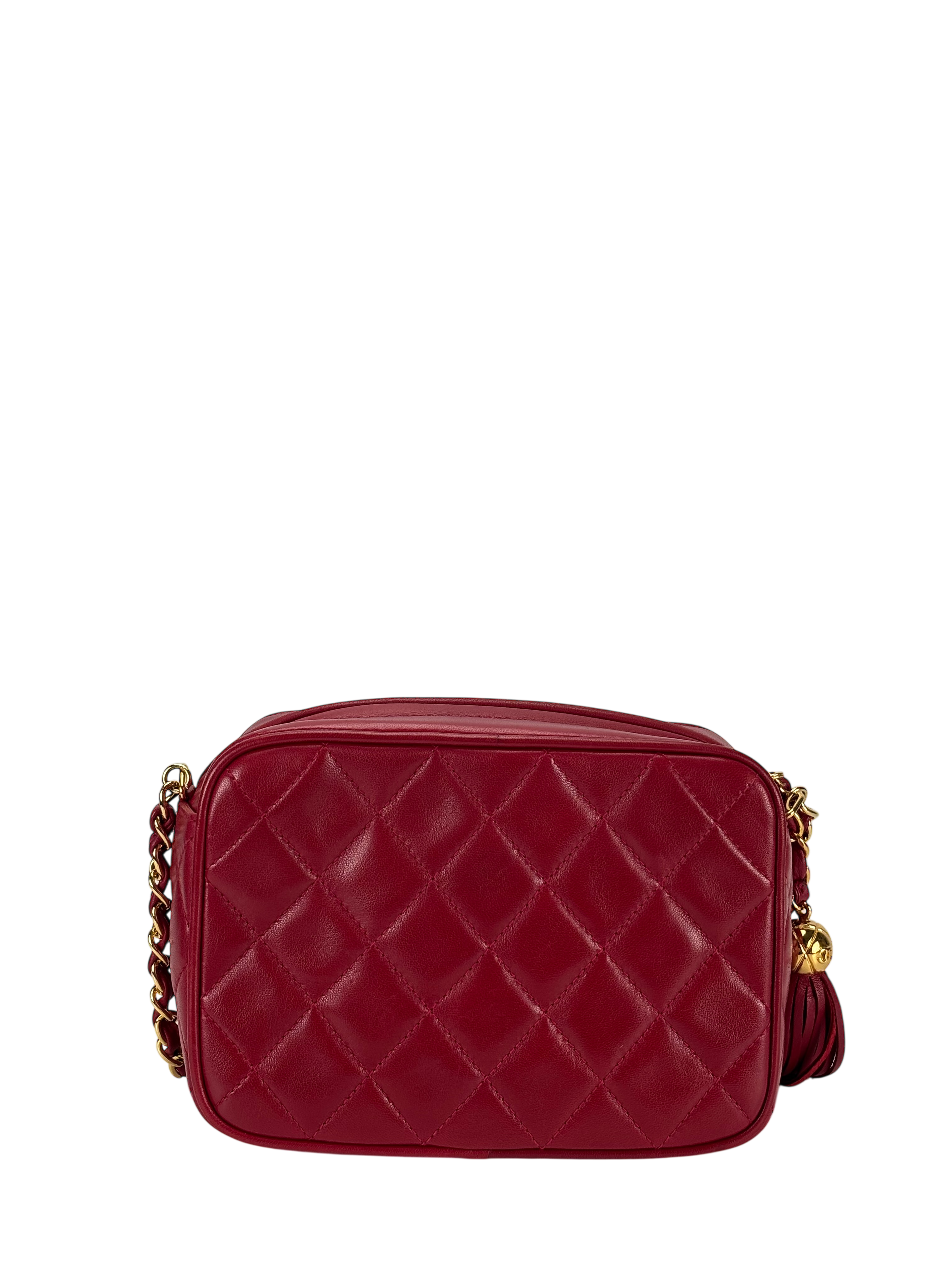 CHANEL - Red Lambskin Matelasse Tassel Camera Shoulder Bag
