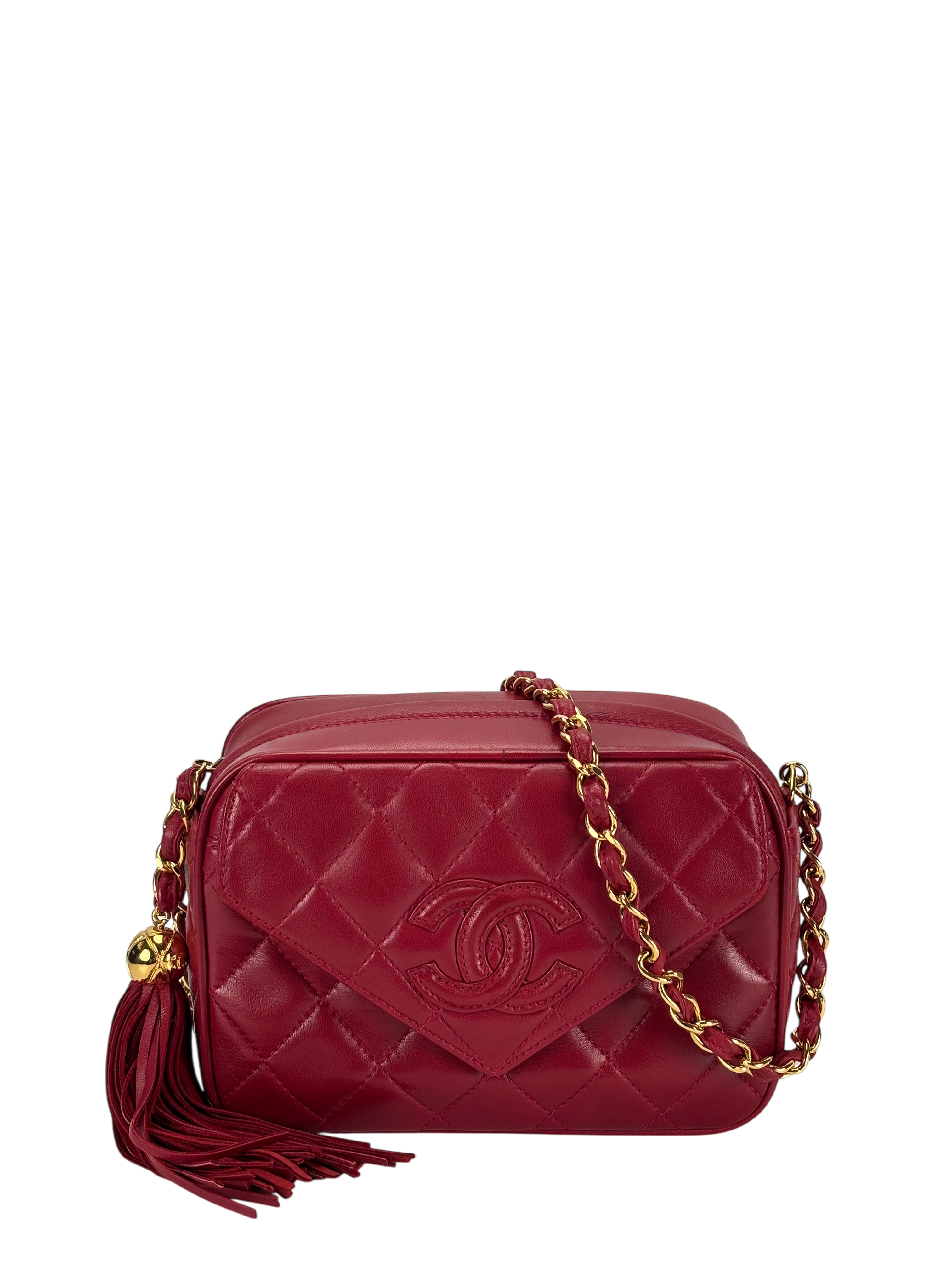 CHANEL - Red Lambskin Matelasse Tassel Camera Shoulder Bag
