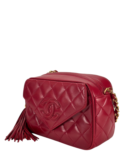 CHANEL - Red Lambskin Matelasse Tassel Camera Shoulder Bag