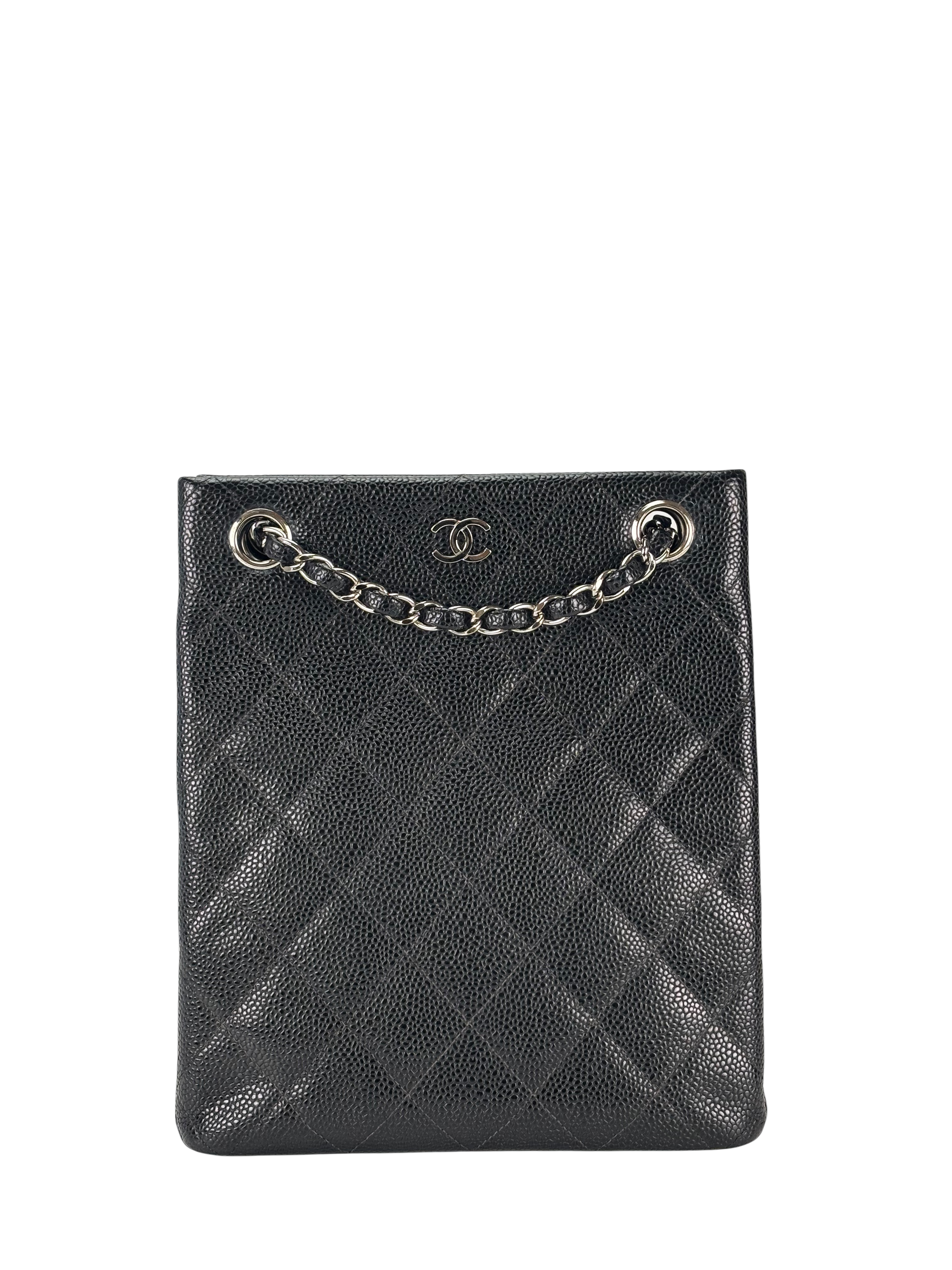 CHANEL - Black Caviar Matelasse Chain Tote Bag Silver Hardware