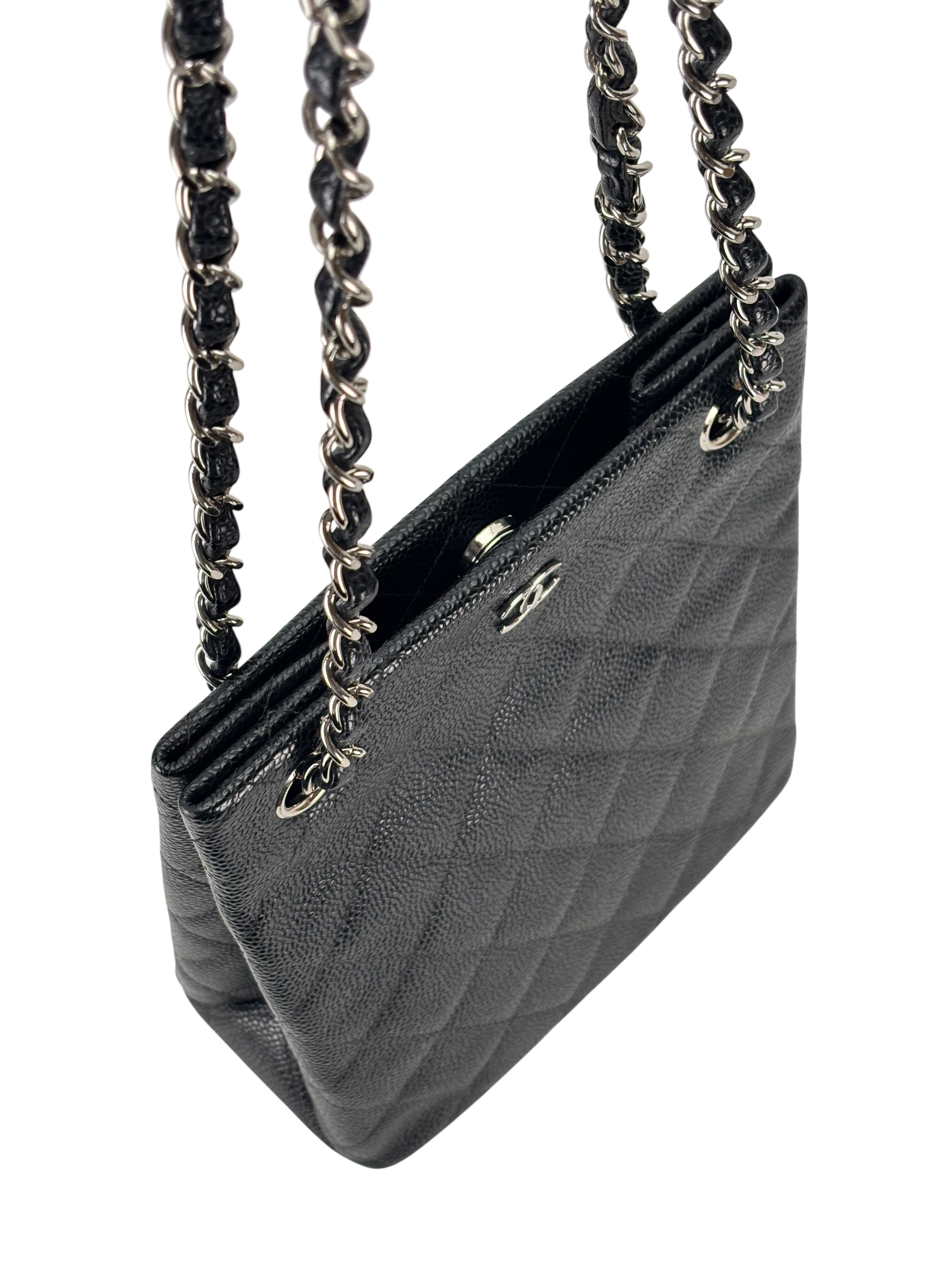CHANEL - Black Caviar Matelasse Chain Tote Bag Silver Hardware