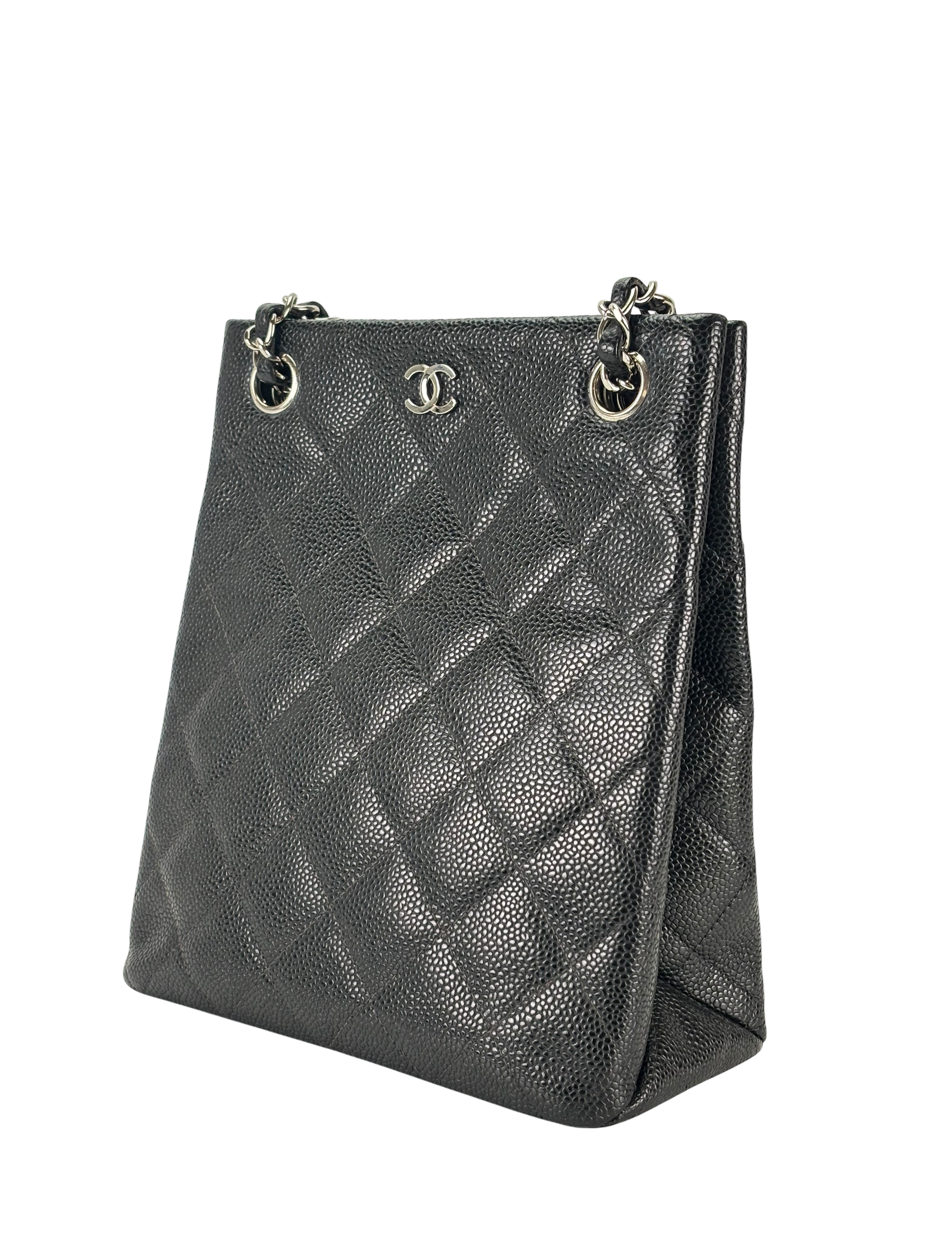 CHANEL - Black Caviar Matelasse Chain Tote Bag Silver Hardware