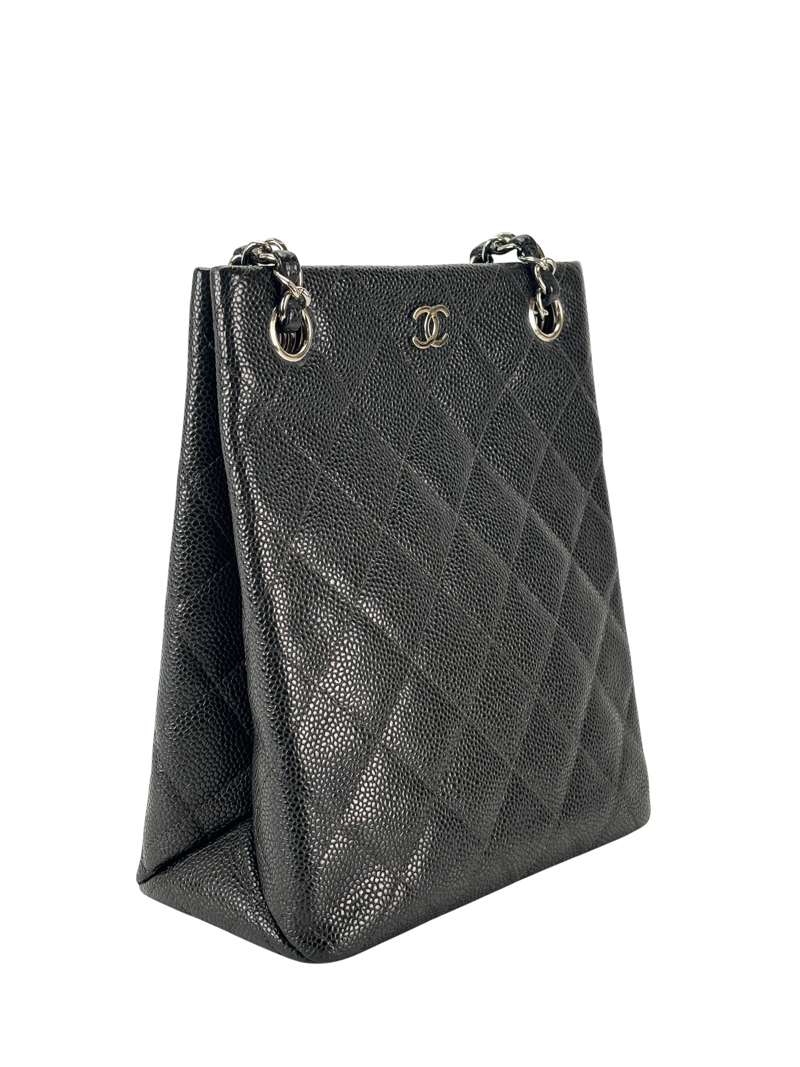 CHANEL - Black Caviar Matelasse Chain Tote Bag Silver Hardware