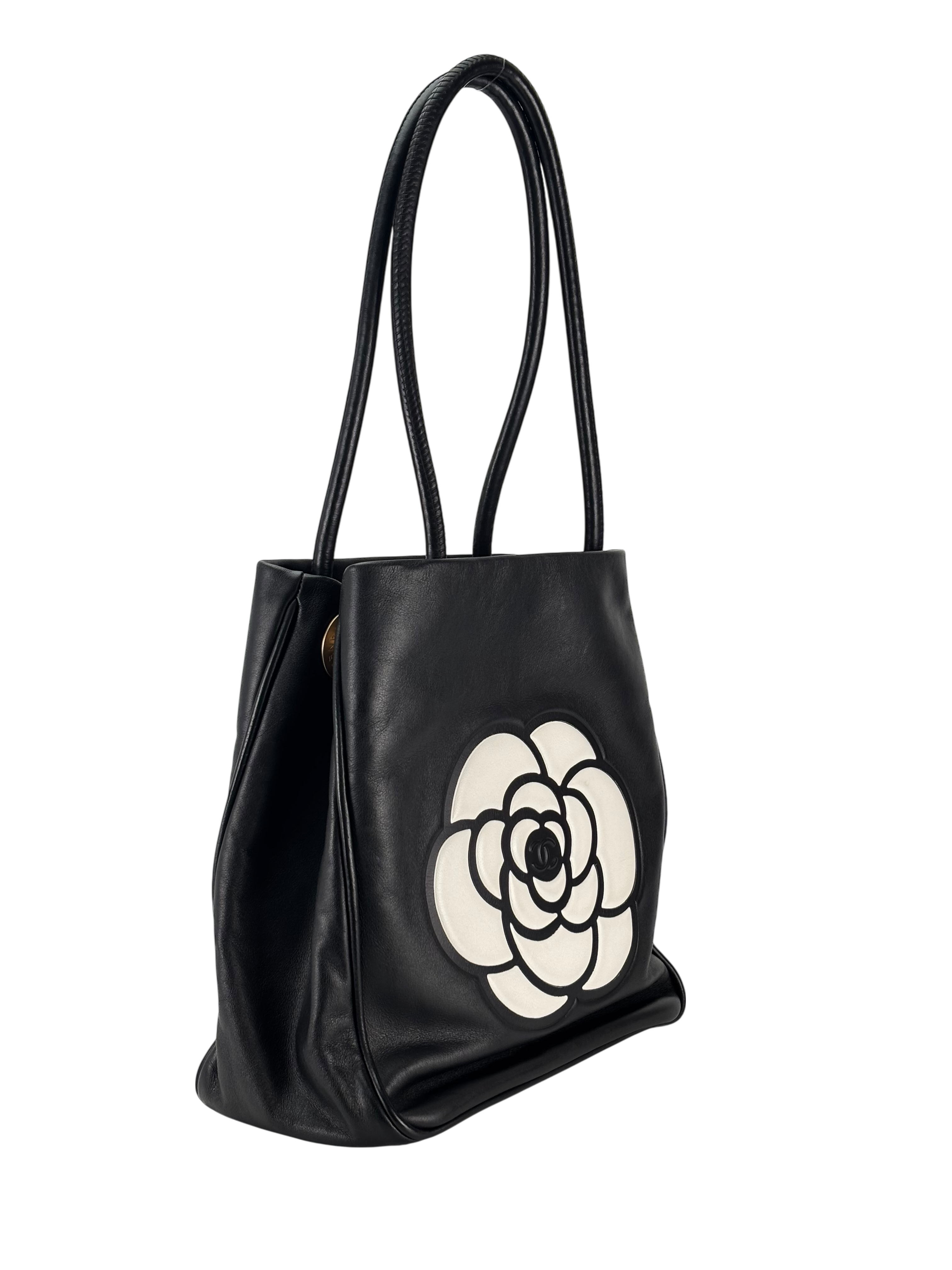 CHANEL - Black White Lambskin Camellia Flower Motif Tote Bag